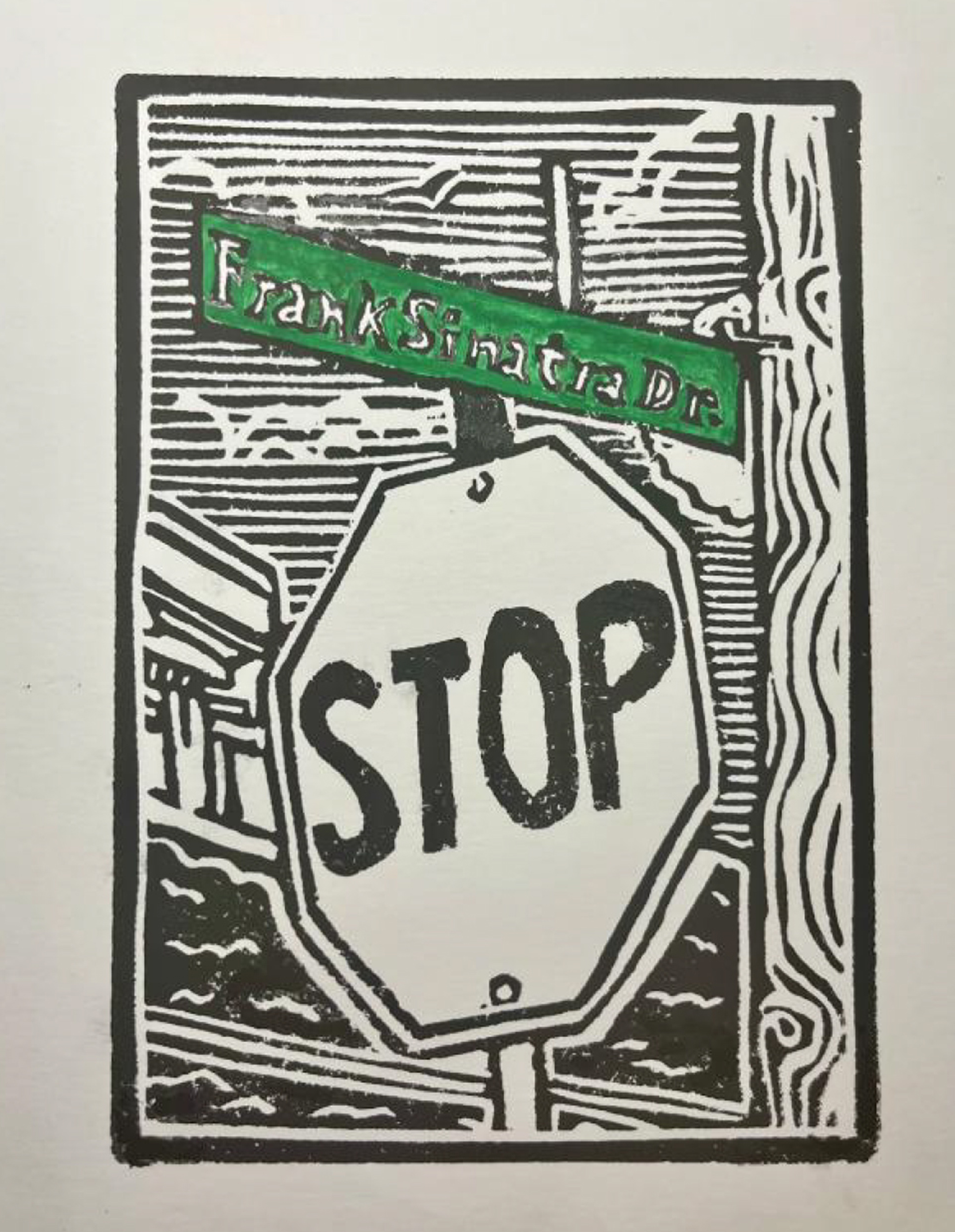 Black and white wood block print of a stop sign with a green street sign above it reading Frank Sinatra Blvd.