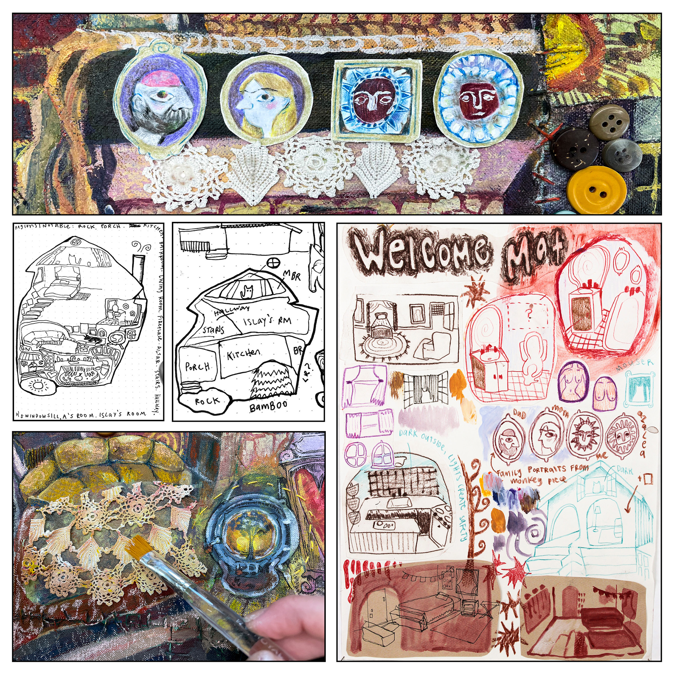 Grid of images depicting creation of mixed-media collage