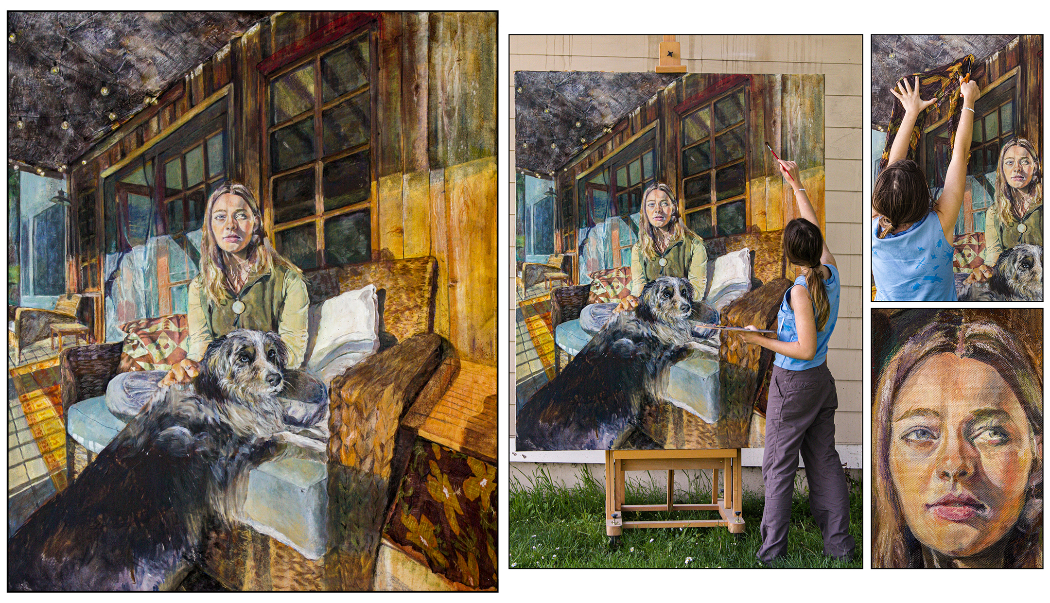 Painting of a young woman sitting on a porch with a dog on her lap, on the left, and three process images of the painting on the right
