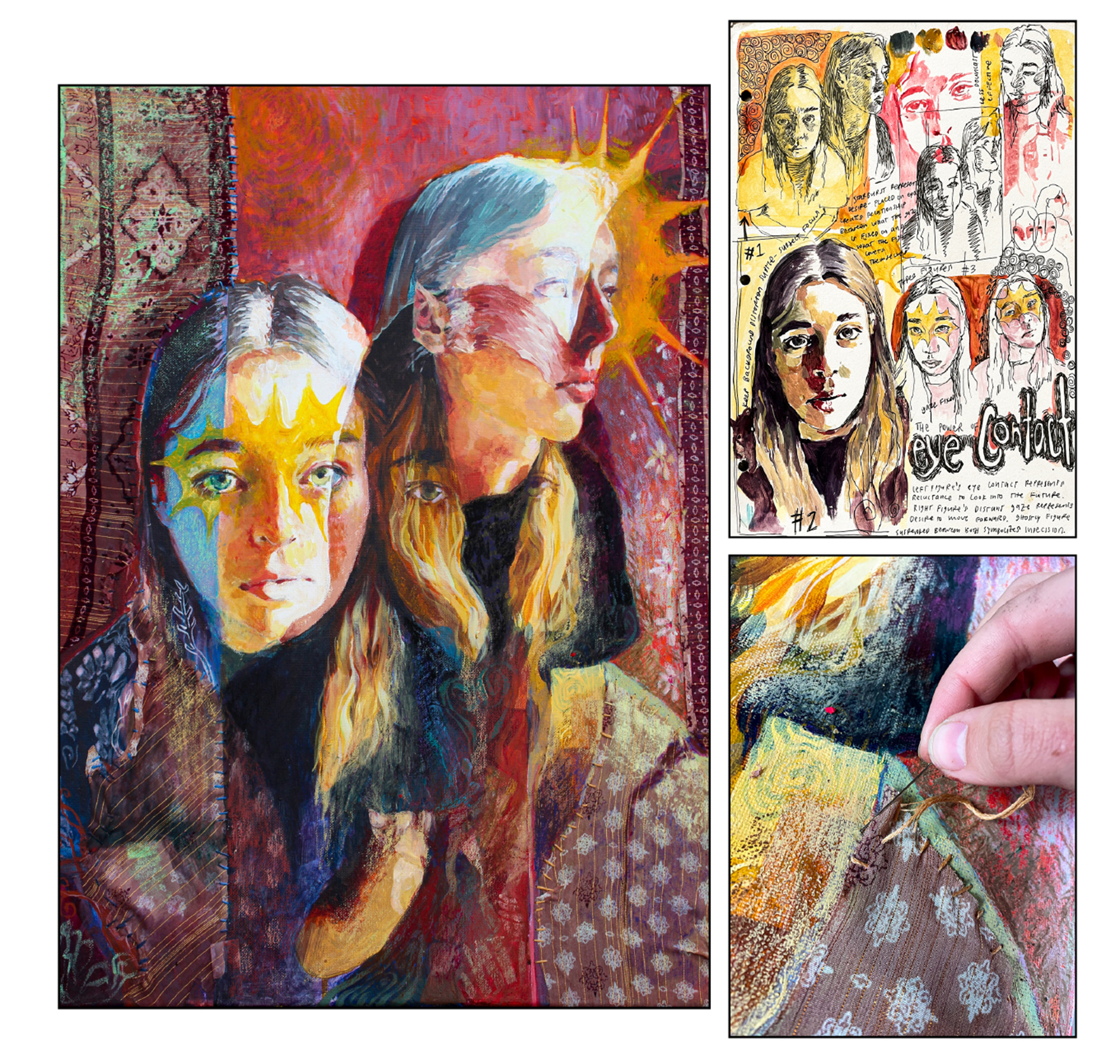Painting of three young women on the left, two process images of the painting on the right