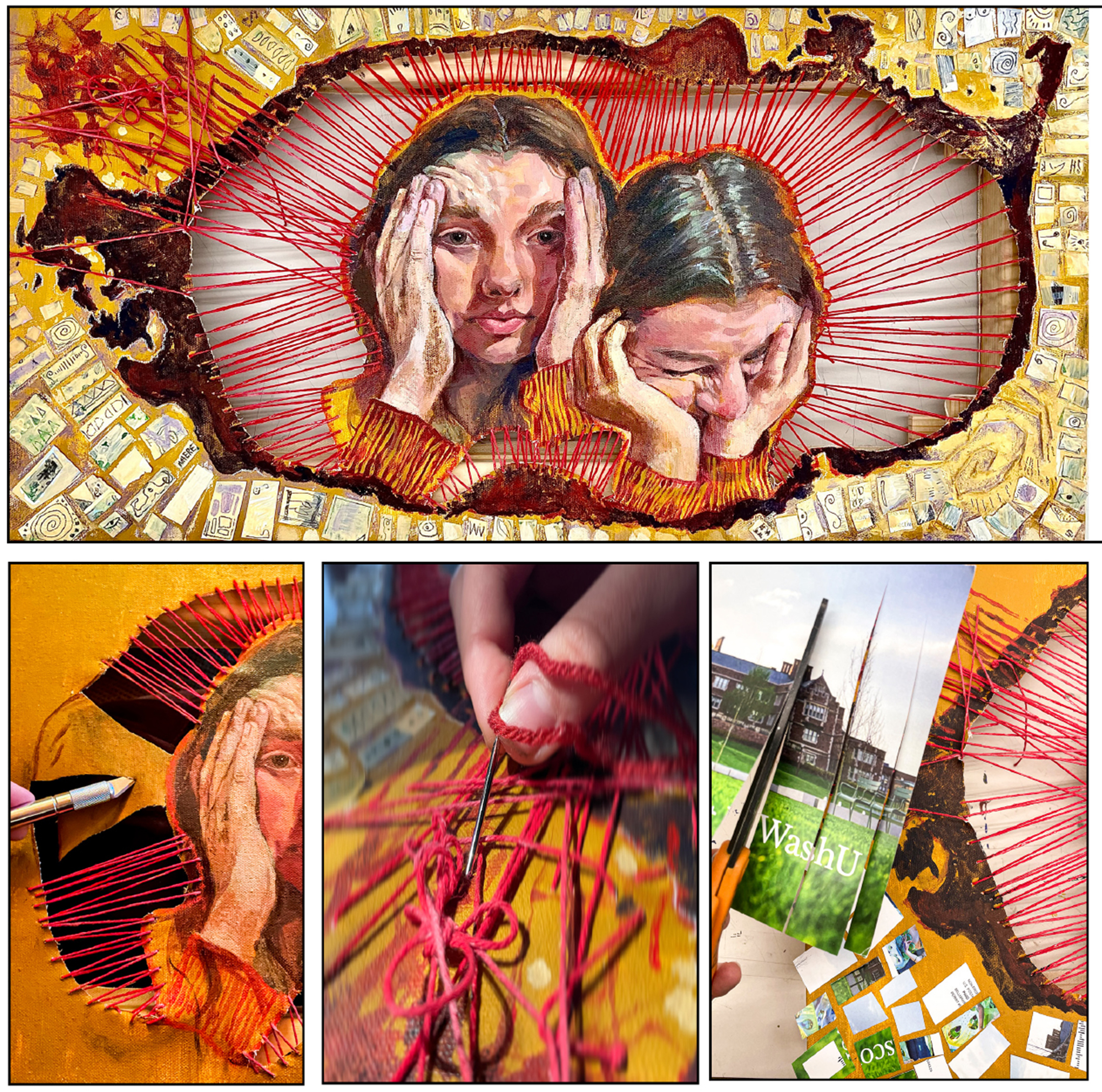 Mixed-media collage of two views of a young woman holding her head surrounded by lines of red string, on the top, and three process images of the collage on the bottom