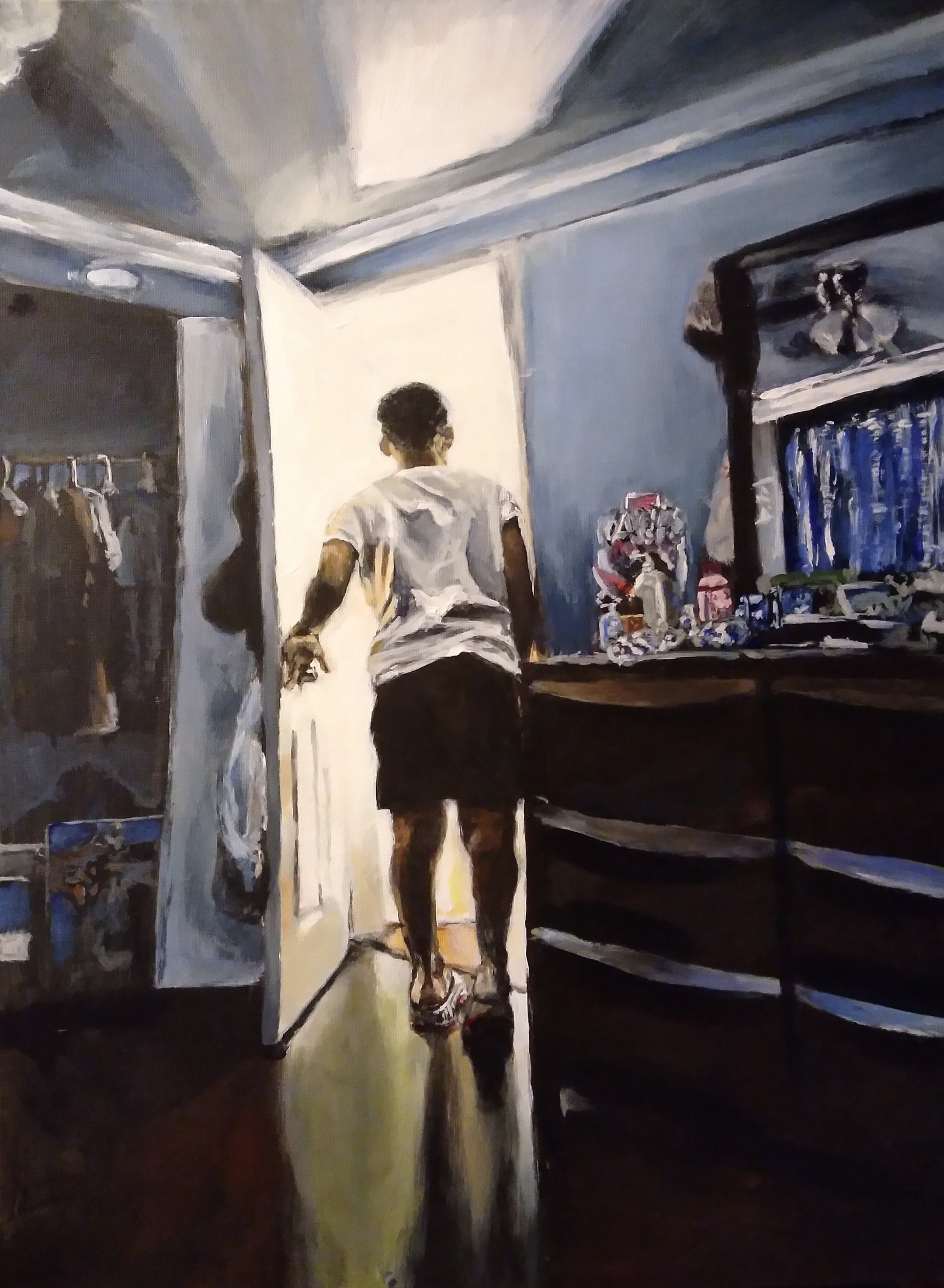 Illustration of a young man in a white t-shirt and black shorts walking out of his bedroom
