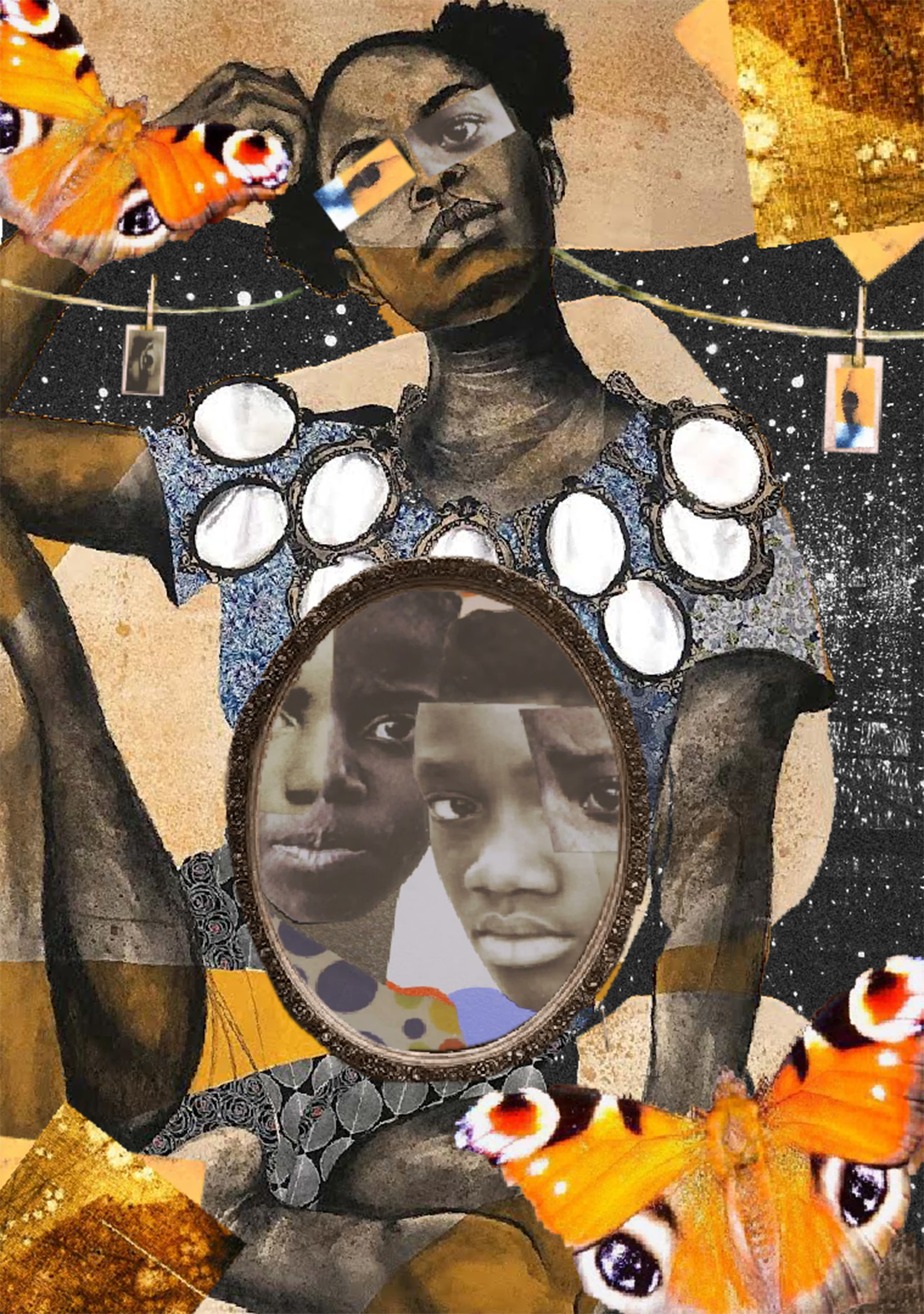 Illustrative collage of a young black woman against an orange background with an oval mirror-like frame in the middle depicting two young black men