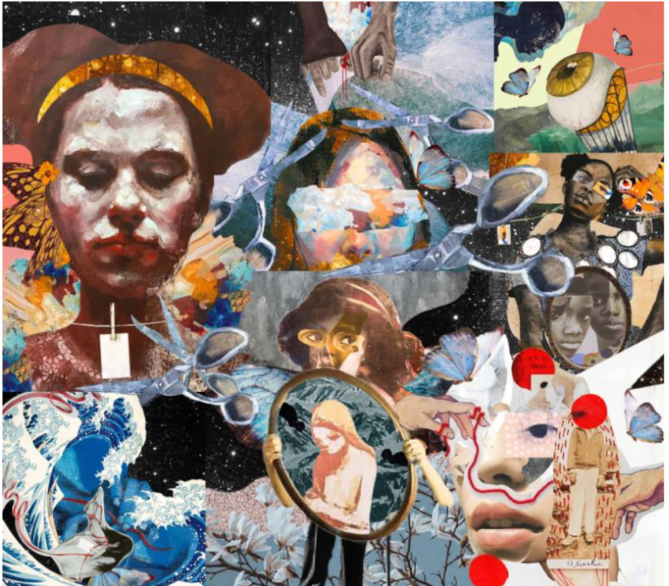 Illustrative collage depicting an abstract scene of people, places, and events