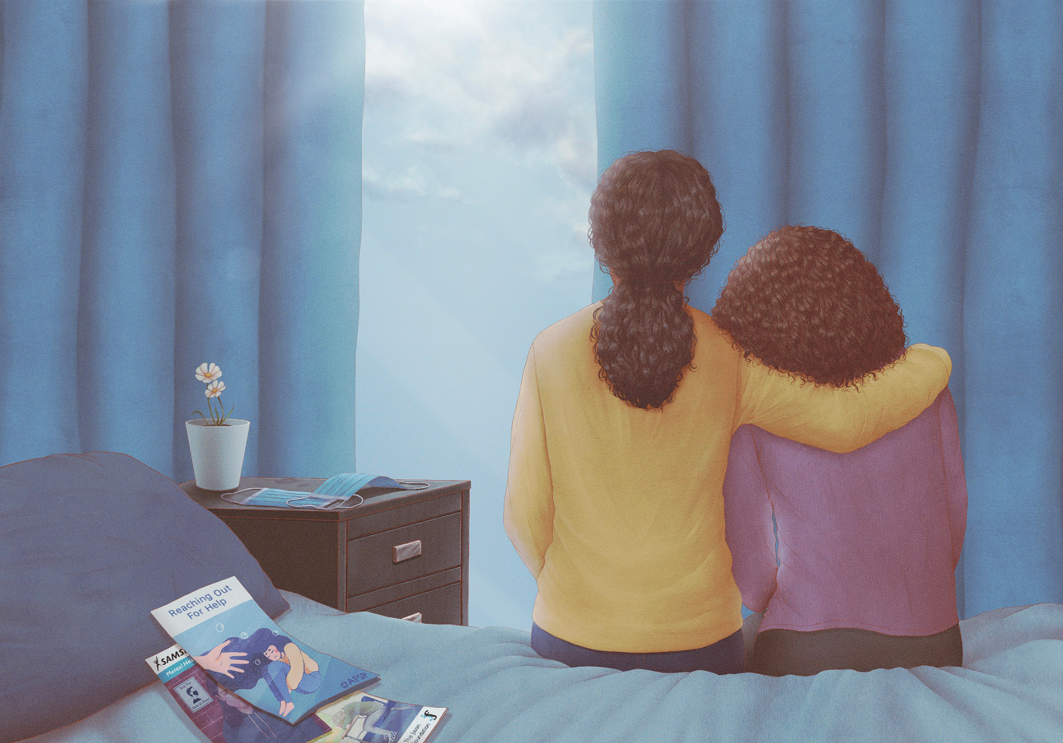 Illustration of a young woman with her arm around an older woman, seen from behind, sitting on a bed as they look out the window