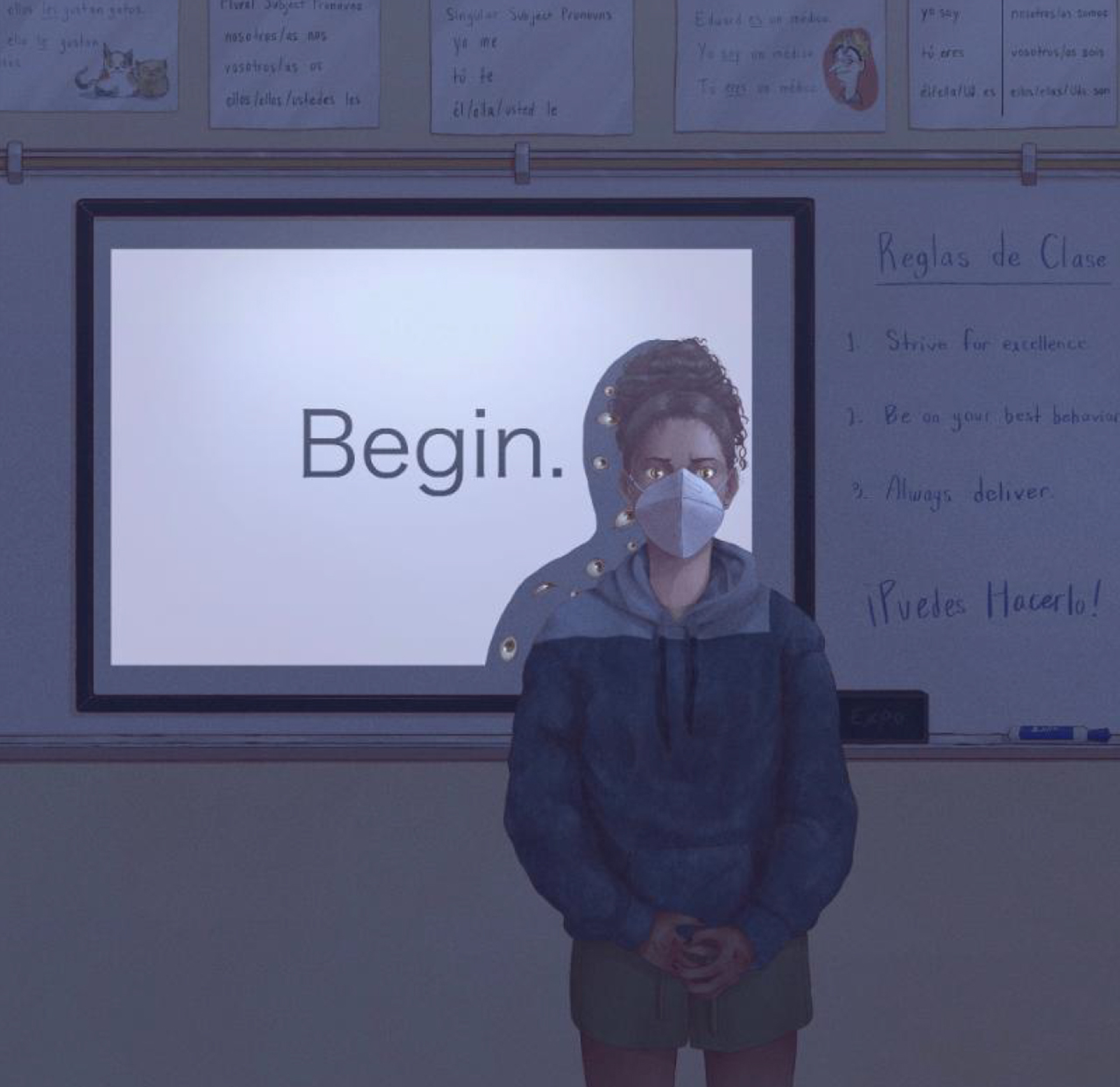 Illustration of a young woman wearing a face mask and standing at the front of a classroom with the word Begin projected behind her