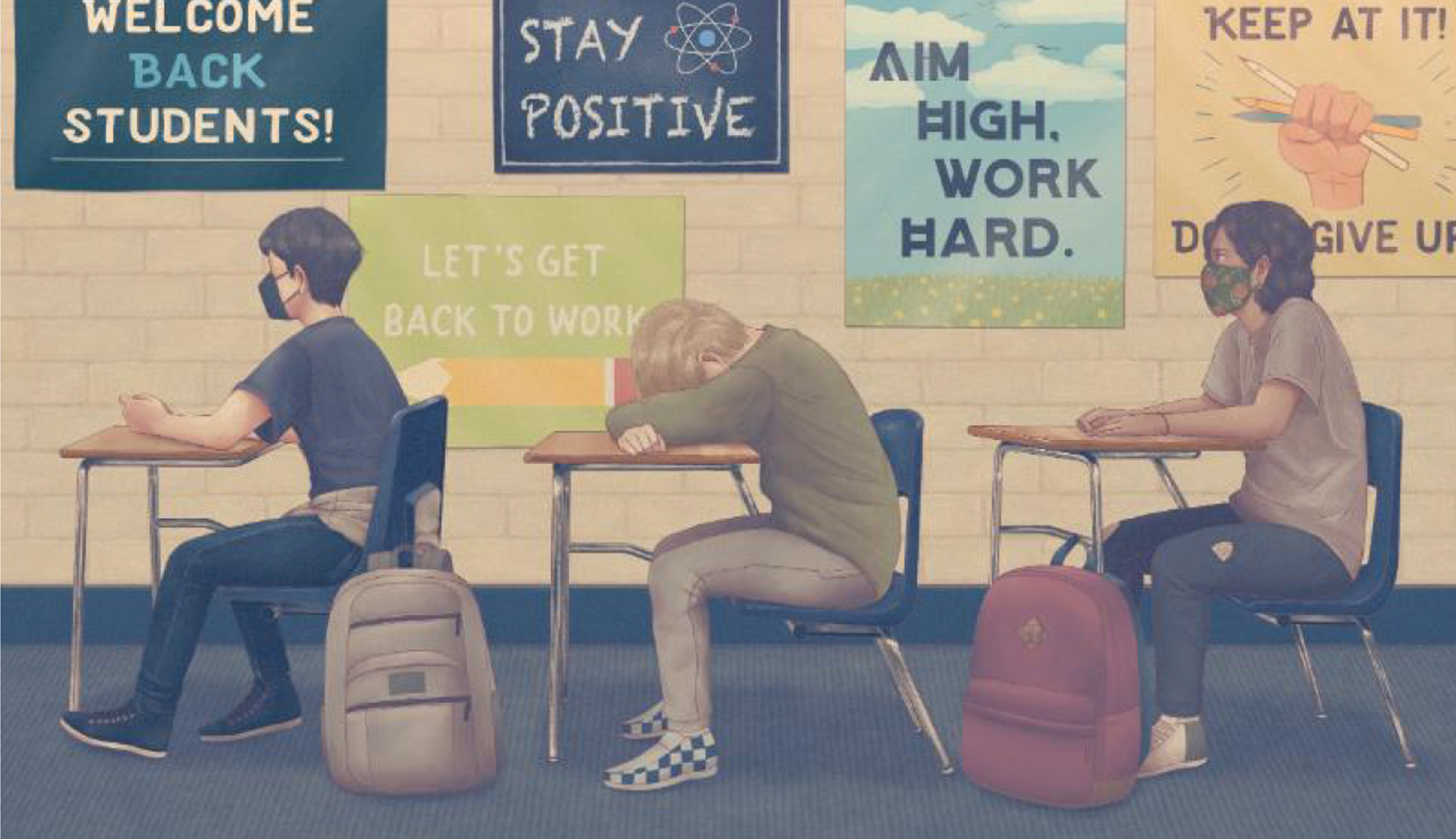 Three high school students seated at school desks, seen from the side, alongside a wall where posters of aphorisms are posted