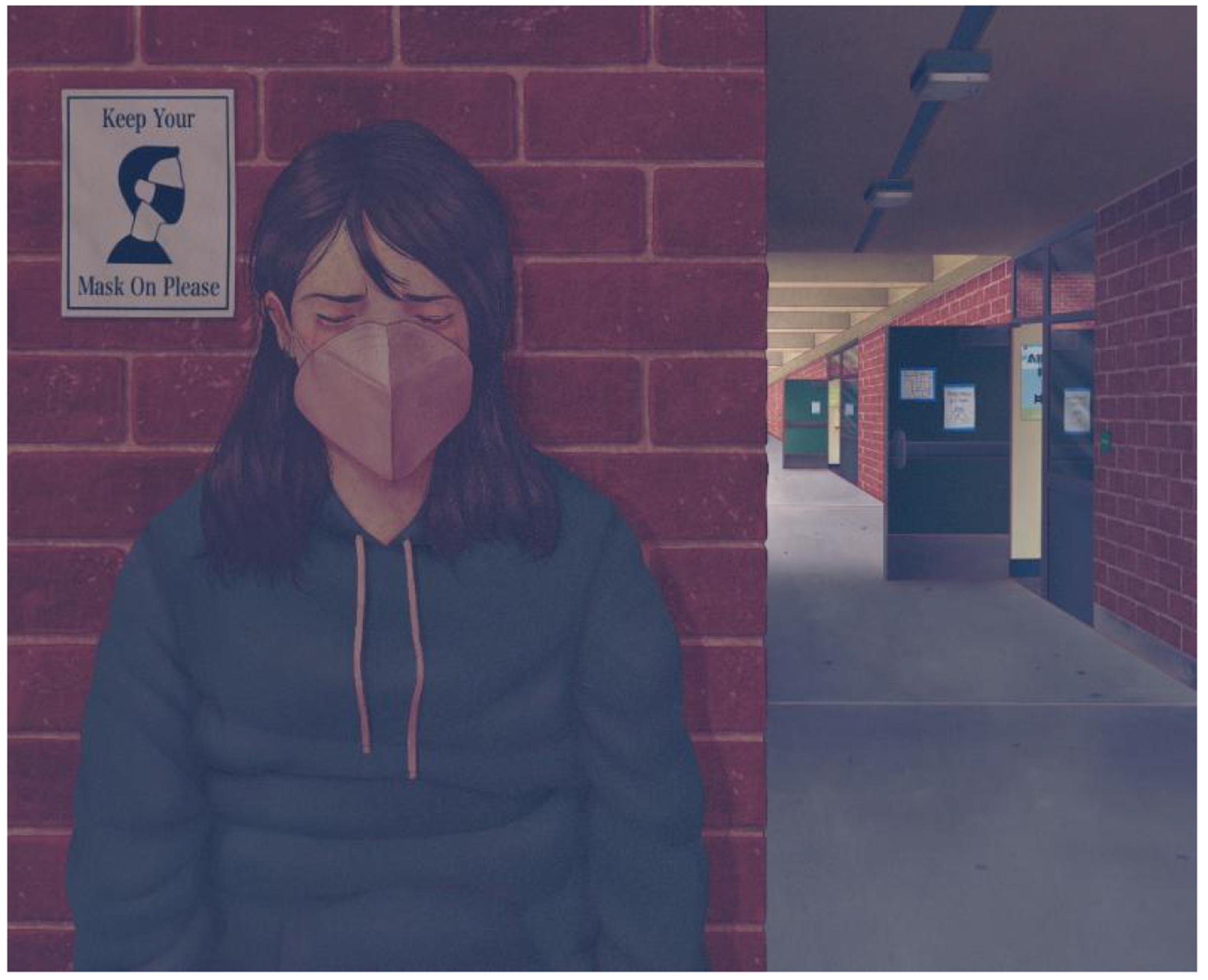 Illustration of a young woman wearing a face mask with her back against a school wall, off the hallway, where she closes her eyes in exhaustion and anxiety