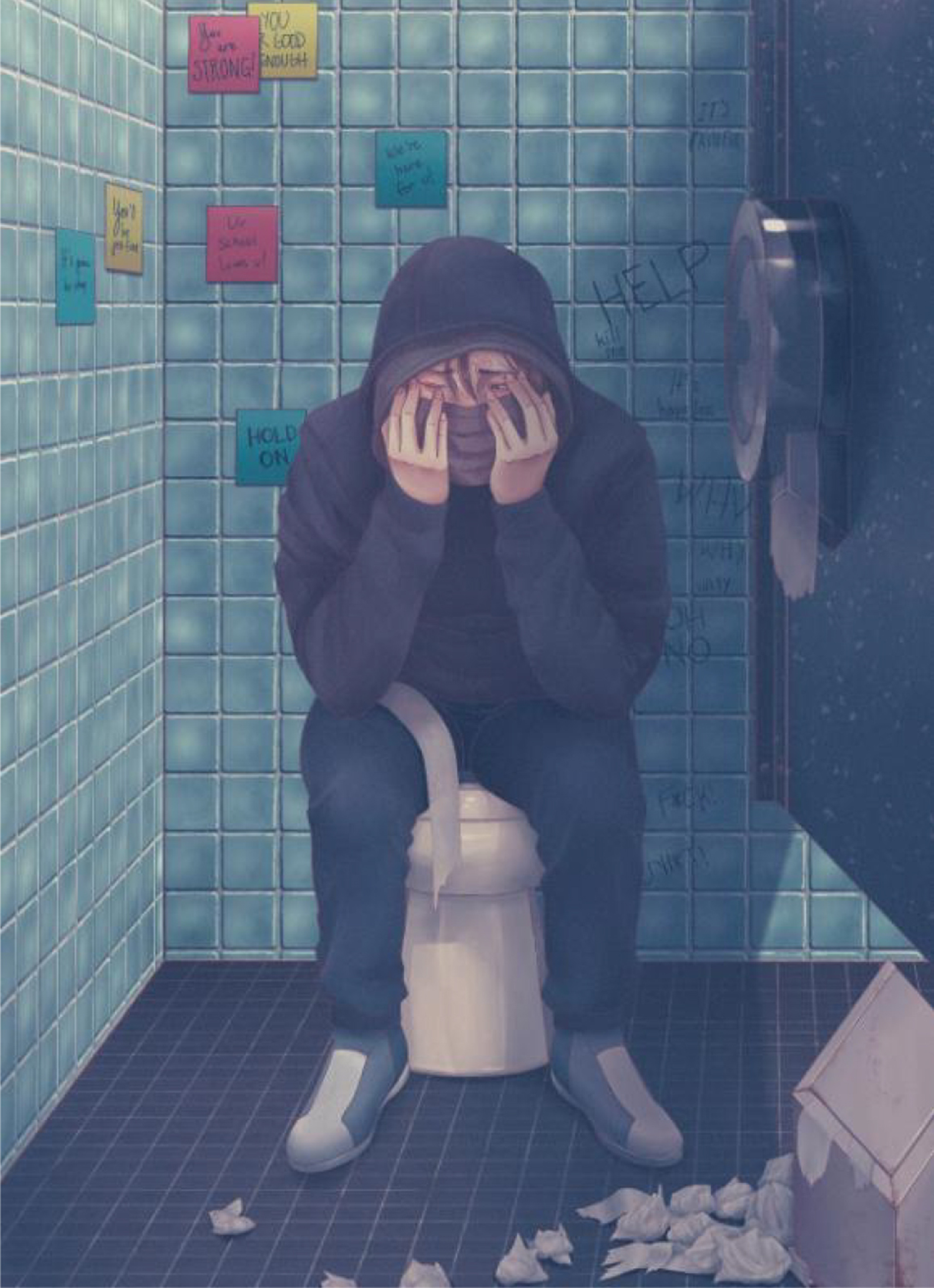Illustration of a young man wearing a face mask, with his hands on his head and face as he tries to collect himself alone in a stall