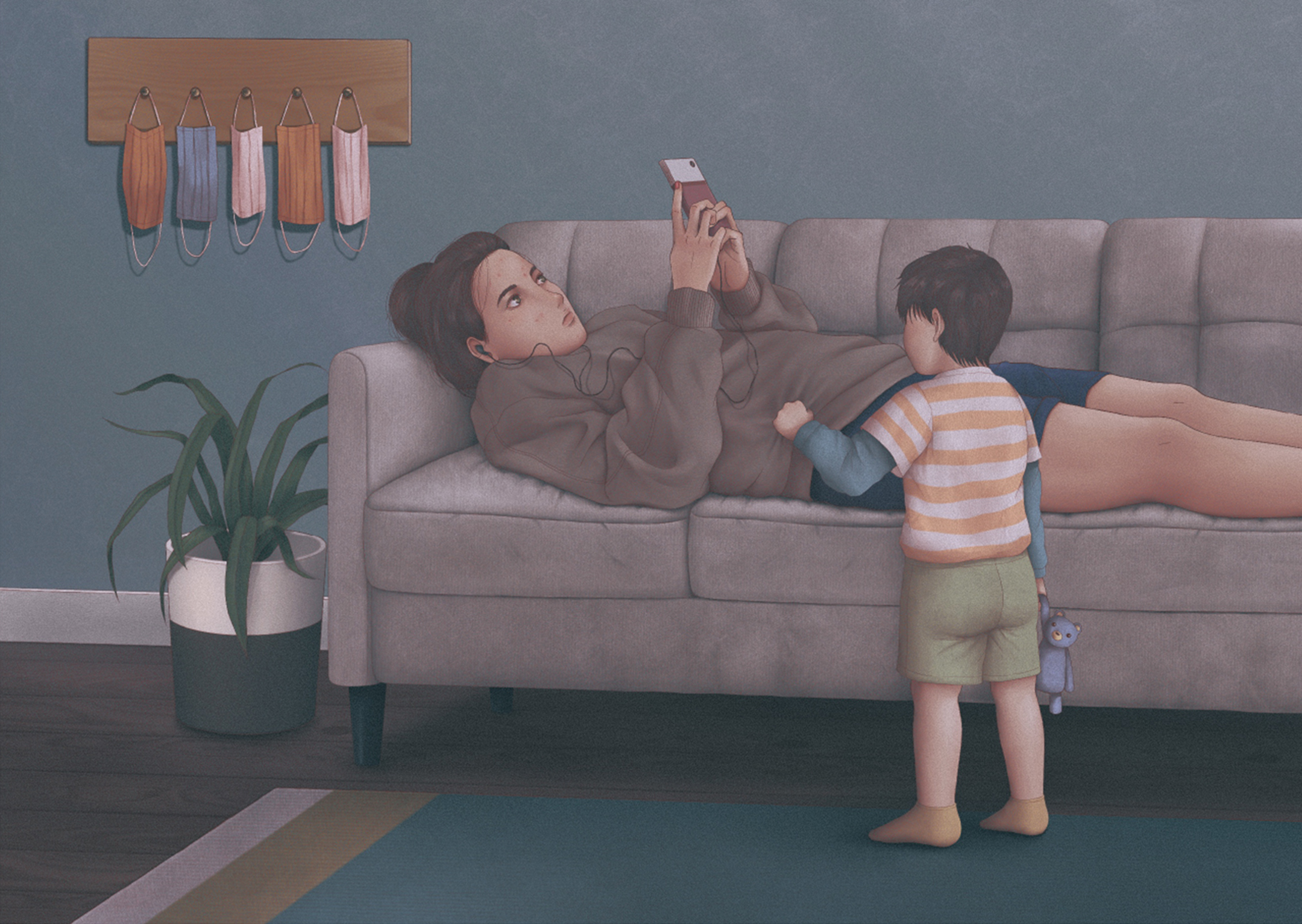 Illustration of a young woman laying on a couch looking at a phone while a young boy tries to get her attention
