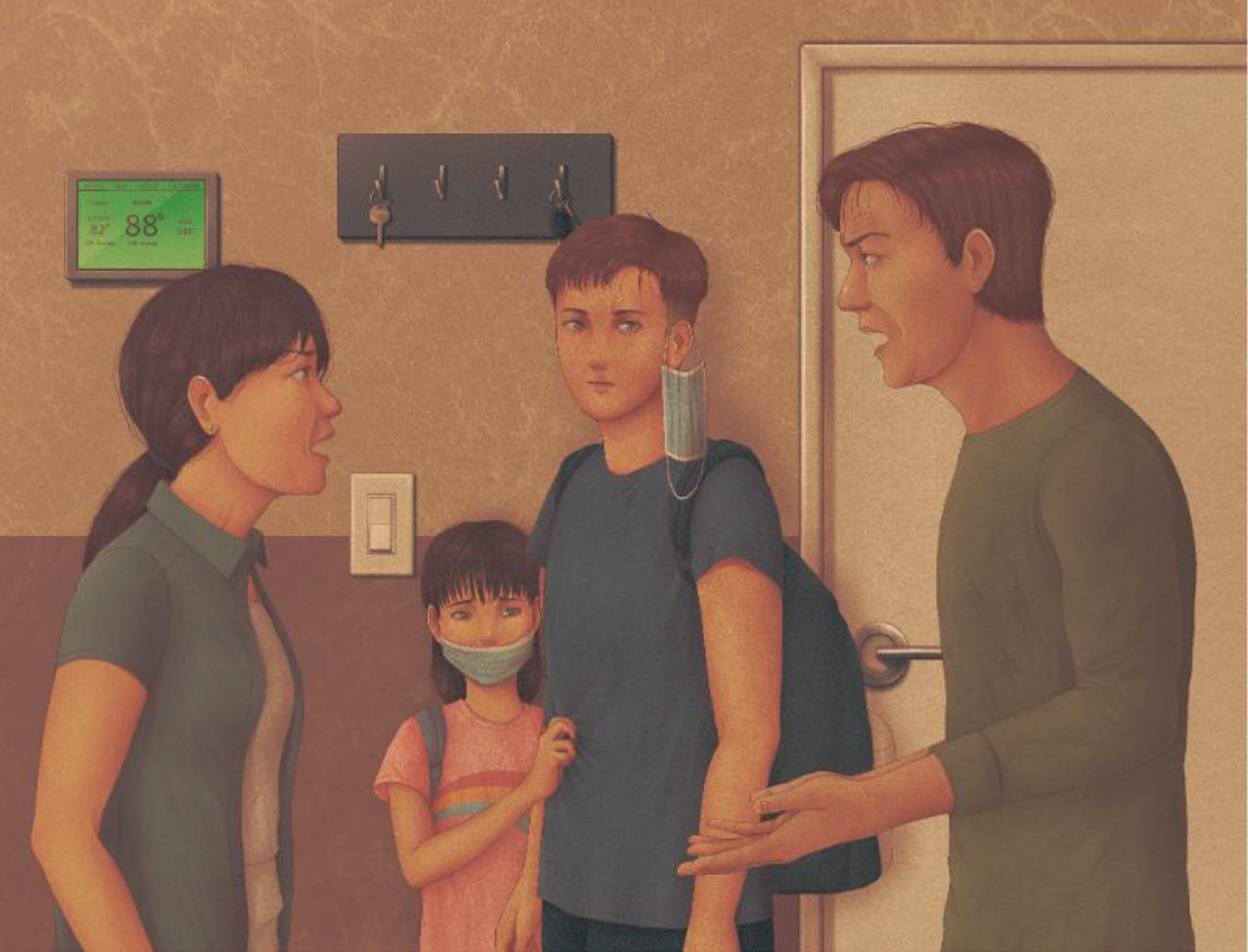 Illustration of a couple arguing by an apartment door as their two kids look on