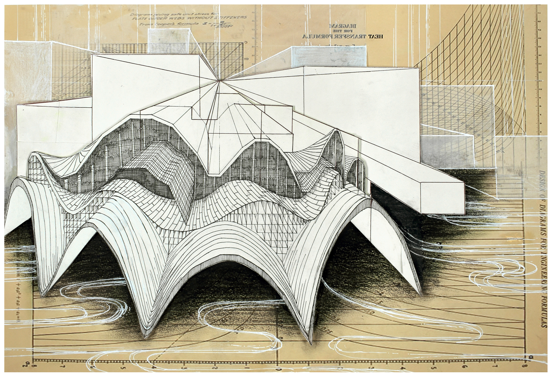 Black and white sketch of oyster-shell-like architecture