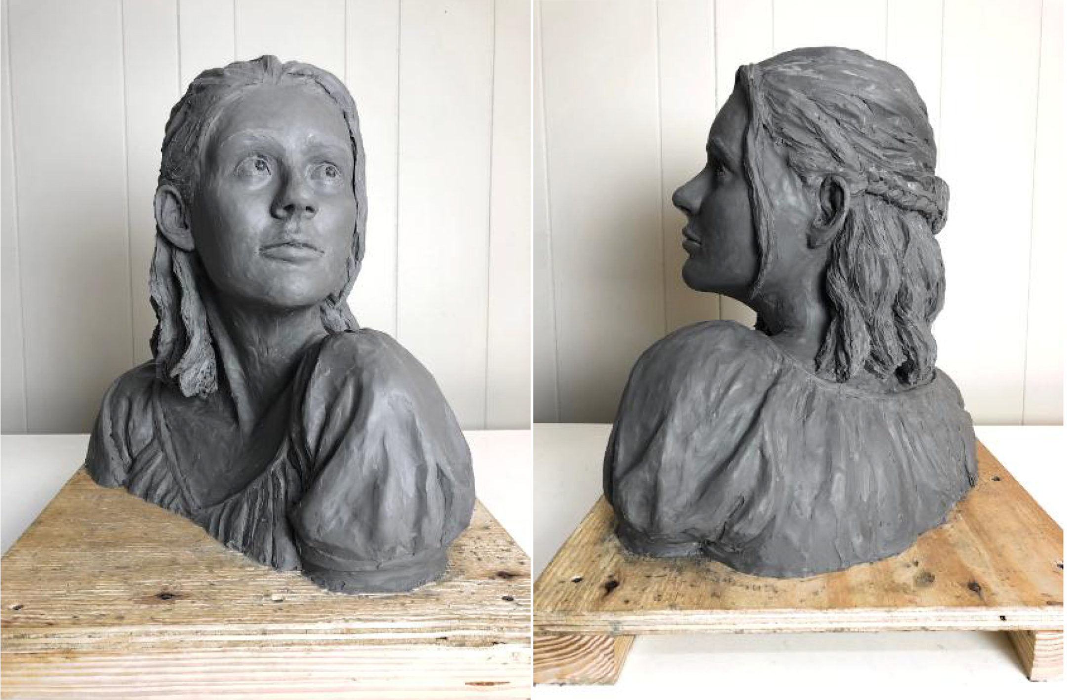 Two views of a gray statue of a young woman's head and face