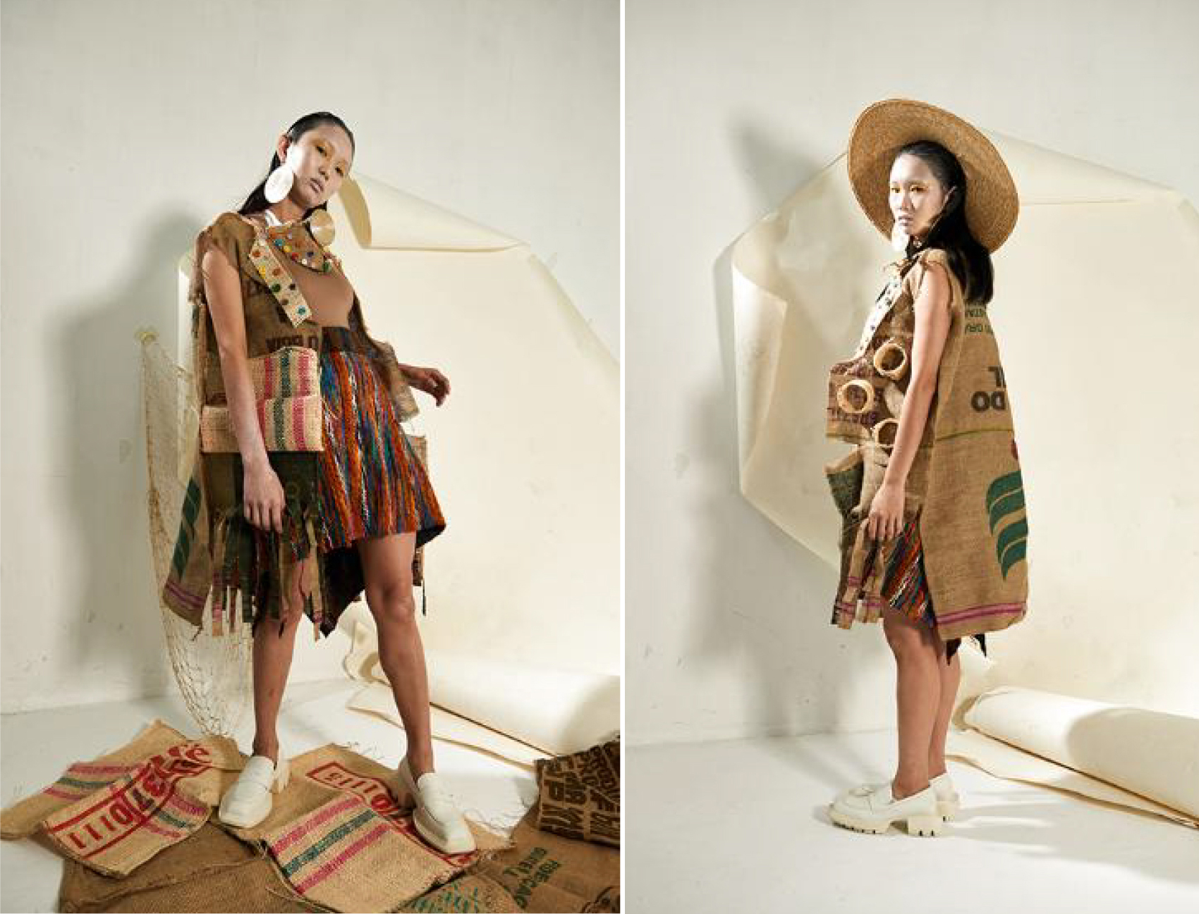 Two photos, side by side, of a woman in a vaguely indigenous couture outfit