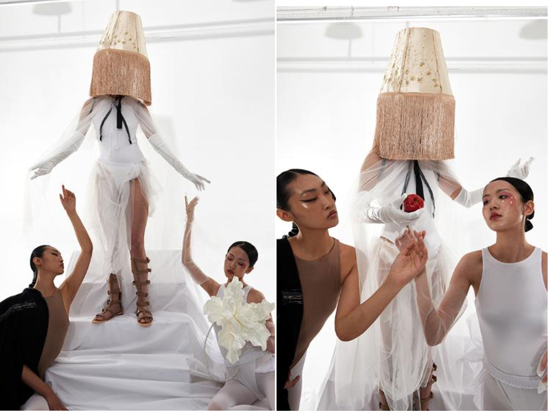 Two photos, side by side, of two women looking up at and interacting with a third woman in a couture outfit wearing an ornate lampshade on her head