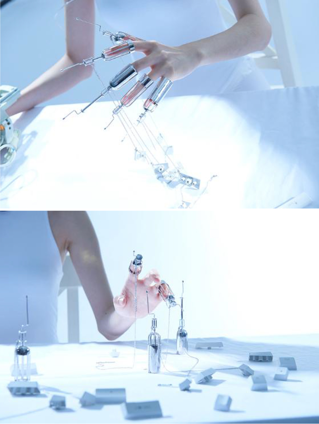 Two photos, stacked, of a young woman's hands with syringe-like objects attached to her fingers