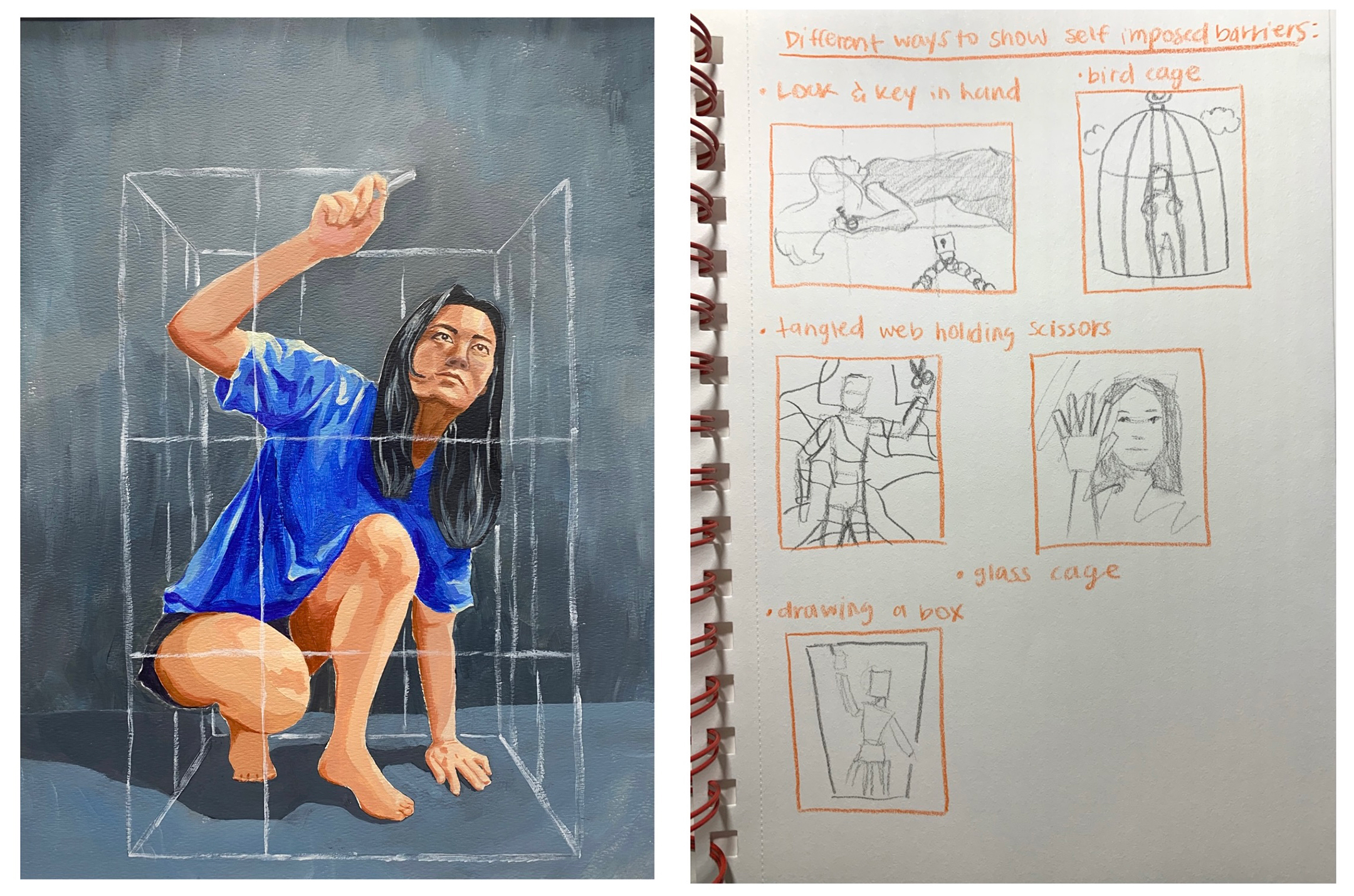 Illustration of a young woman in a blue dress crouching as she draws next to a notebook page of ideas that led to the illustration  