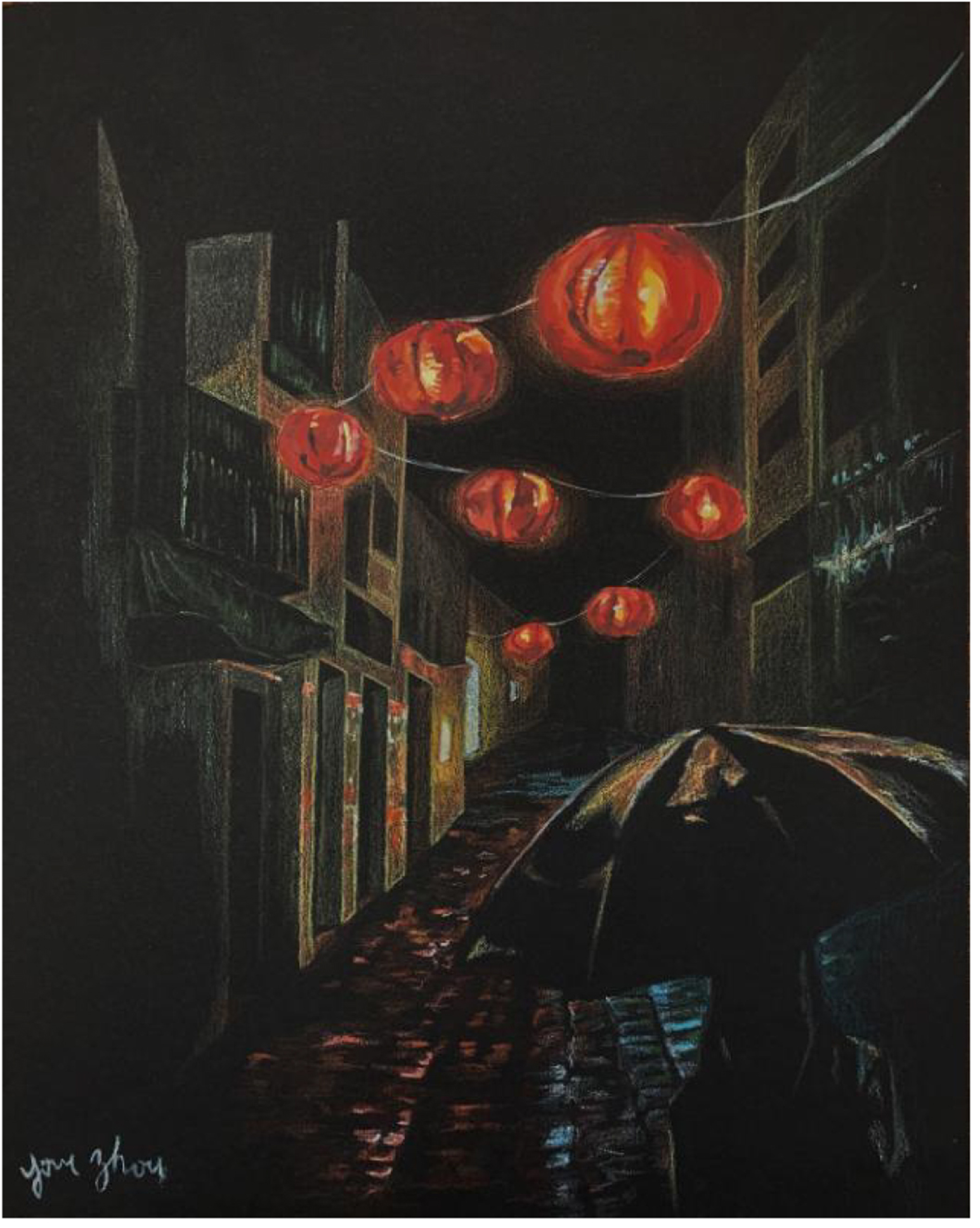 Illustration of a rainy night scene, red paper lanterns above illuminating a person walking with an umbrella down the street