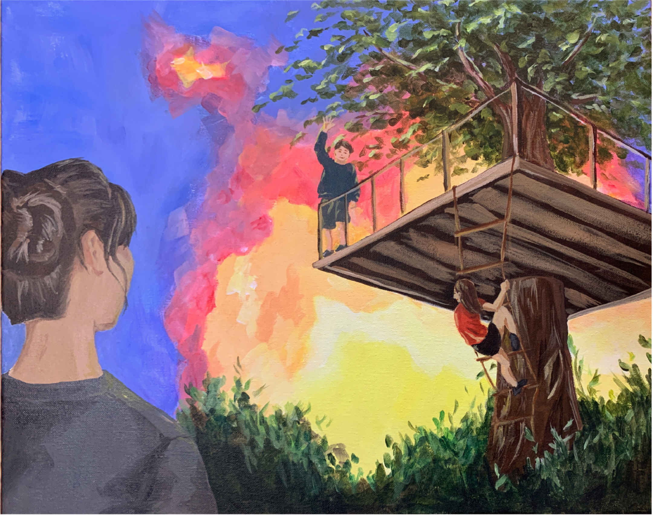Illustration of a mother watching kids climb into and play in a tree house, against a setting sun