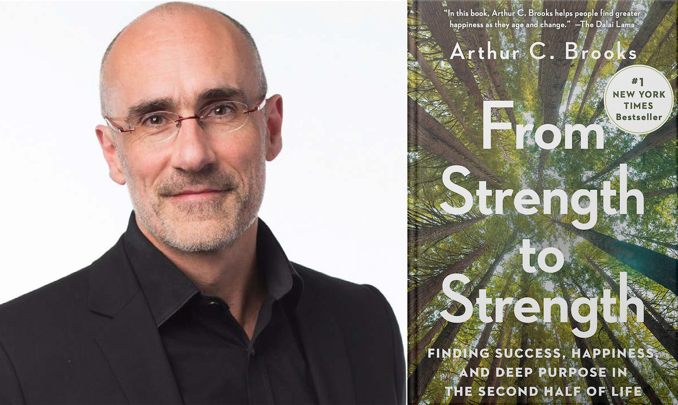 Headshot profile of Arthur Brooks on the left, cover of the book From Strength to Strength on the right
