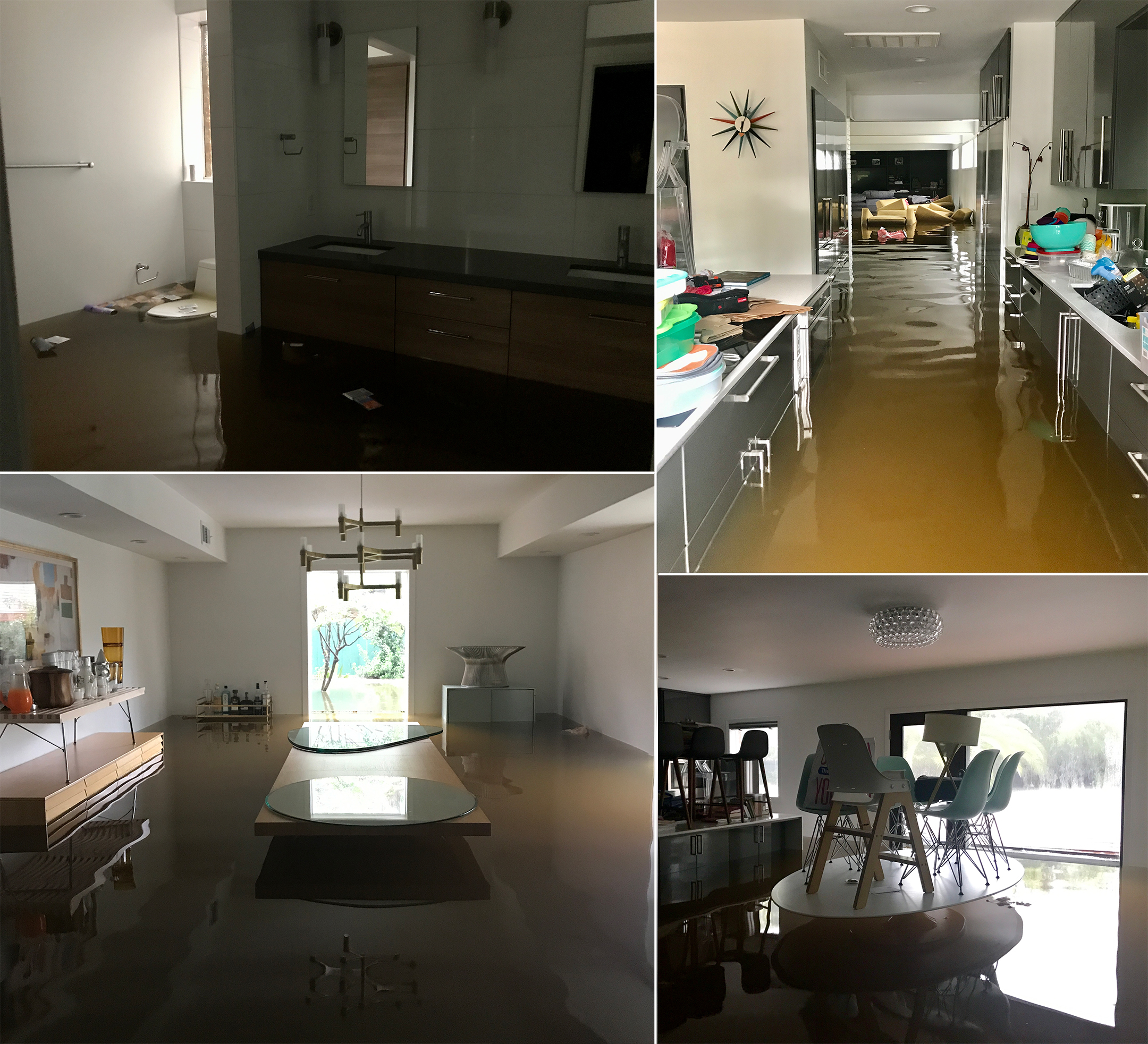 Grid of four photos, two by two, documenting dirty brown storm waters flooding, clockwise from top left, the bathroom up to the toilet seat, the kitchen midway to the top of the counters, a leaving room up to a table top, and a dining room nearly to the top of the table