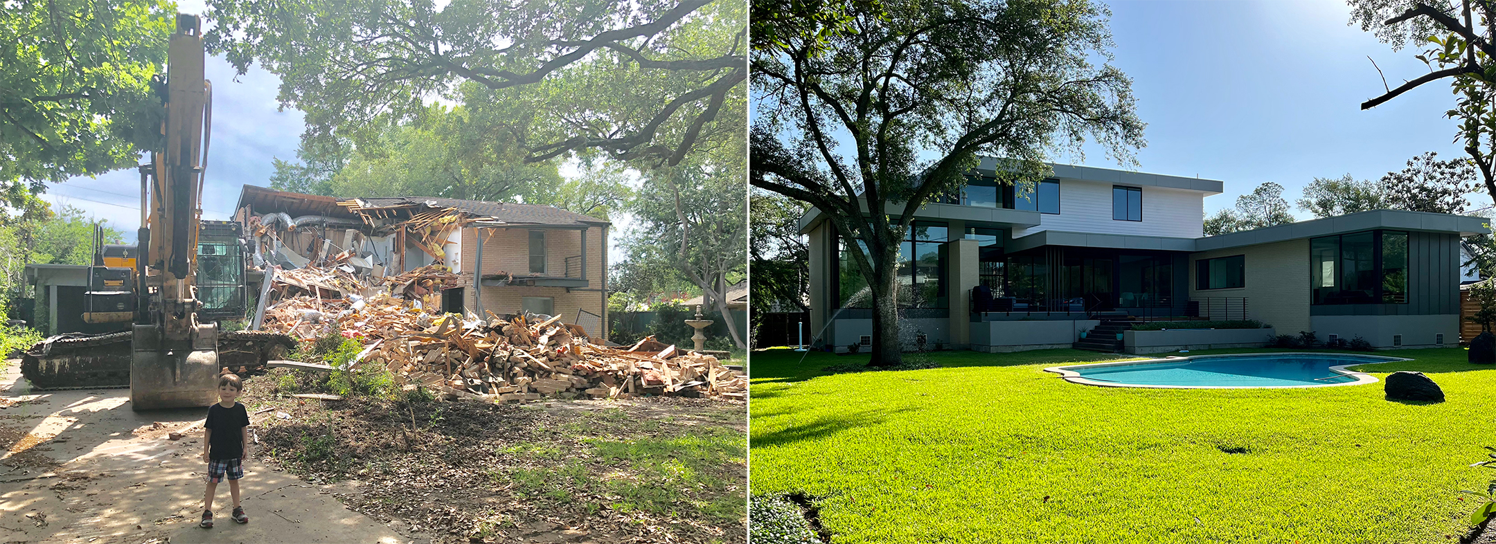 Photo of a construction vehicle next to a demolished home on the left, and on the right a two-story home with an in-ground swimming pool and green yard.