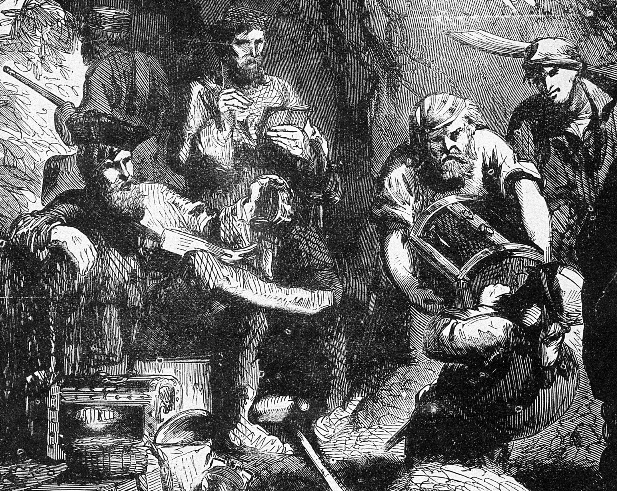 Black and white illustration of pirates burying treasure