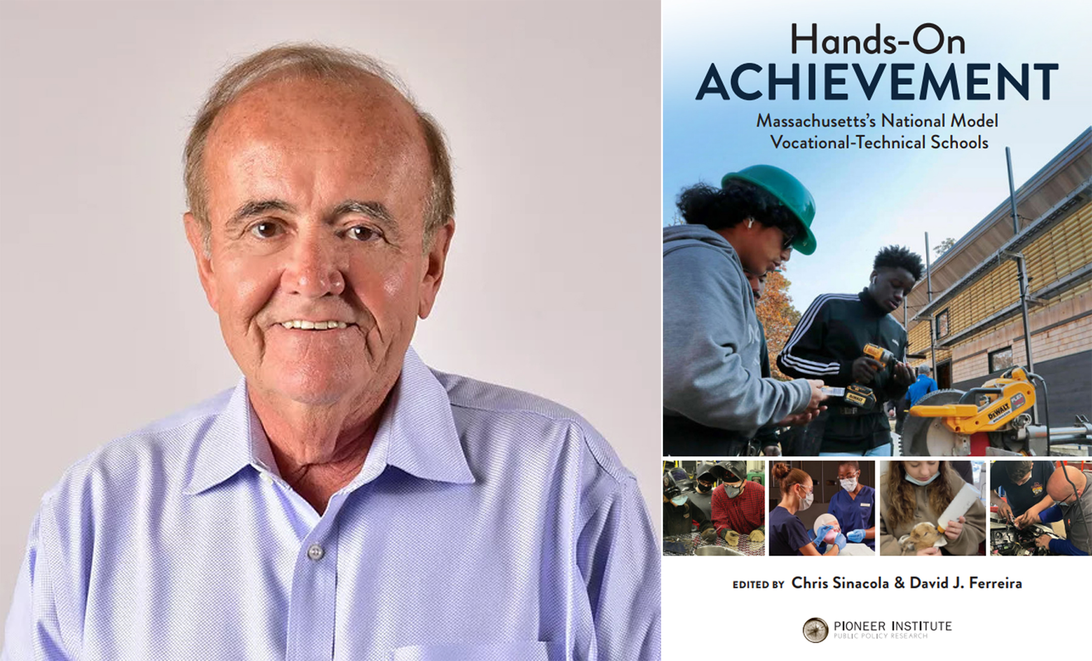 Photo of David J. Ferreira, left, and a cover of the book Hands-On Achievement, right