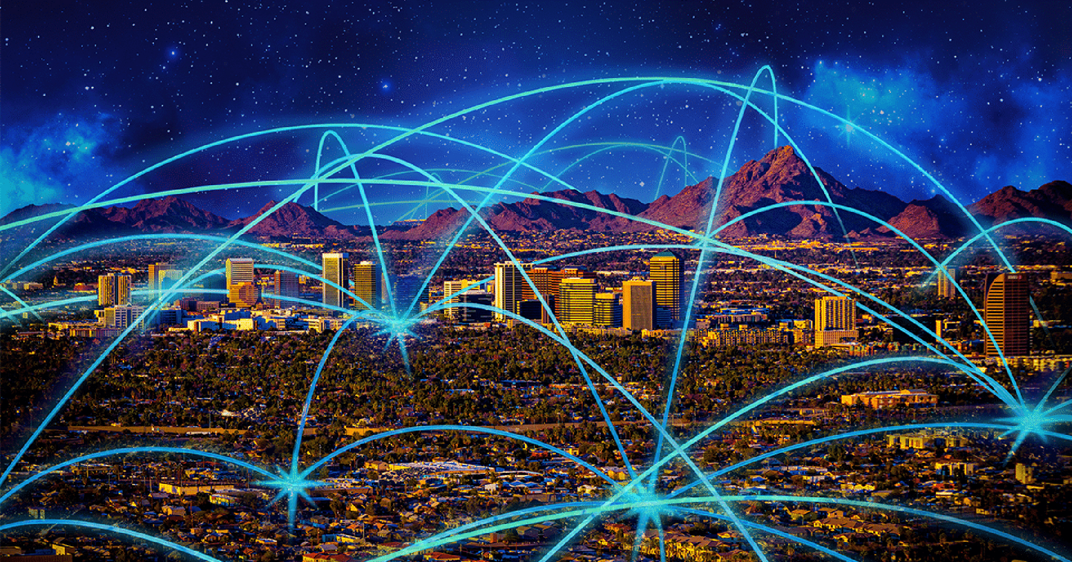 Illustration of the city of Phoenix with criss-crossing blue lines making arcs above it