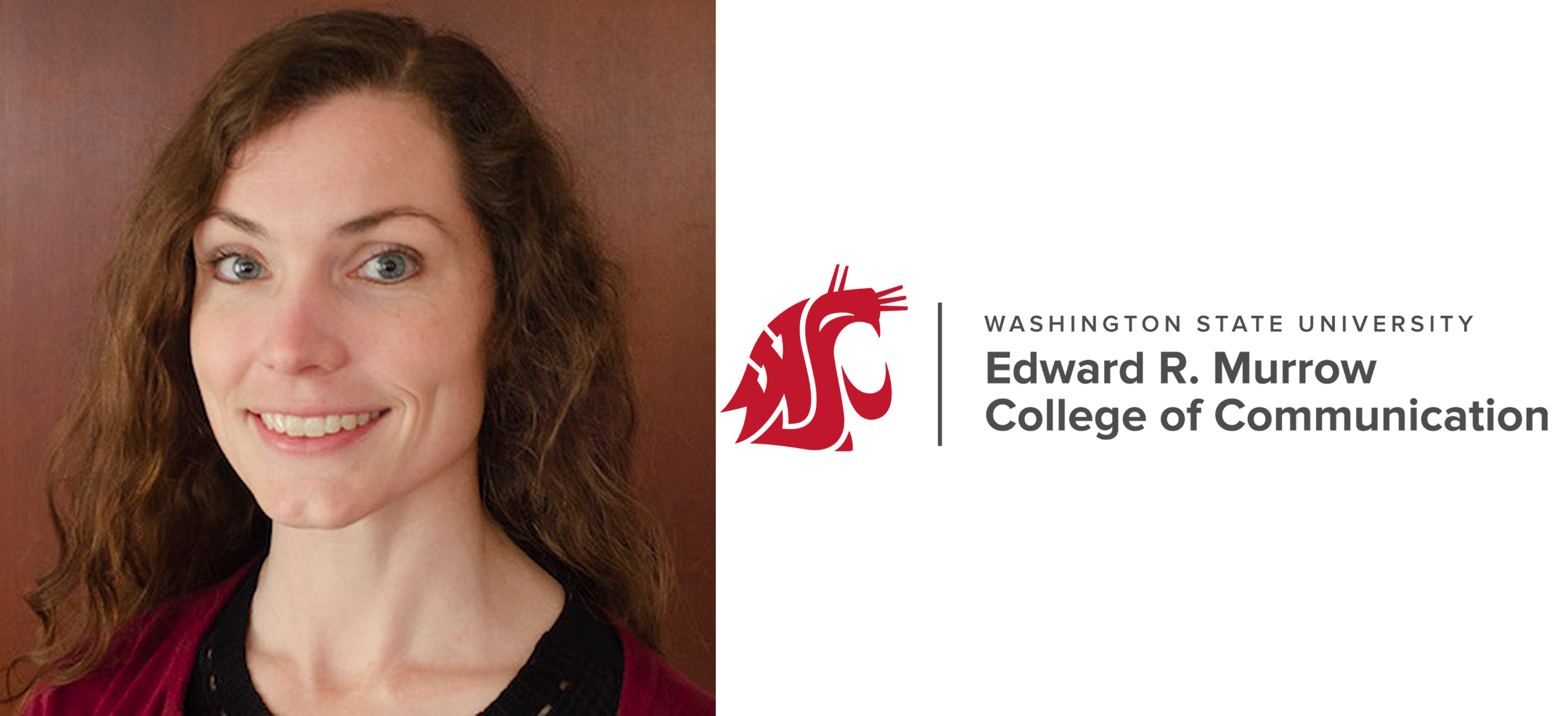 Headshot photo of a woman on the left, logo for the Murrow School at Washington State on the right