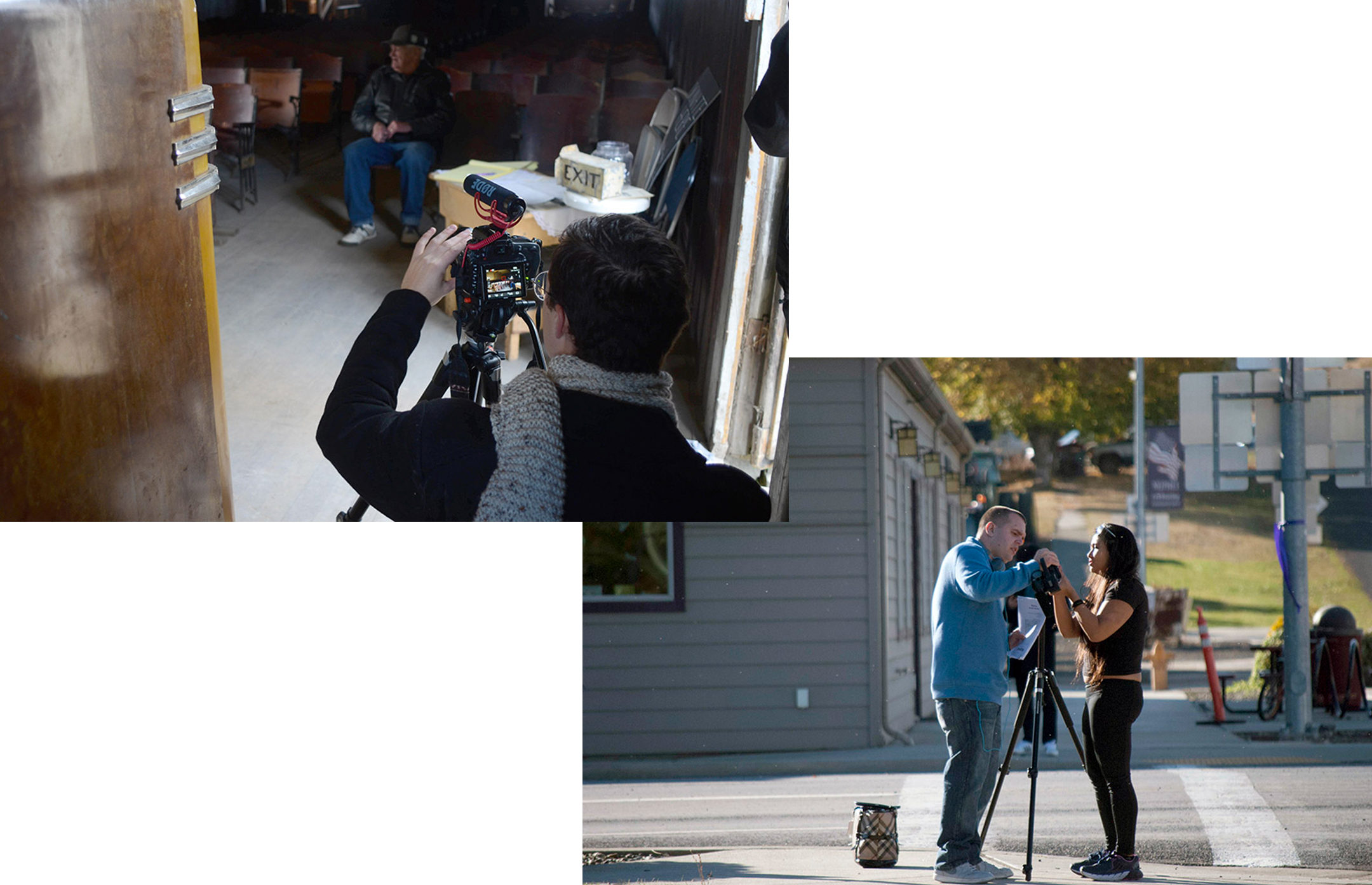 Two photos, one of a young man shooting video of an older man inside a dark theater, the other of two student journalists setting up a camera on a street