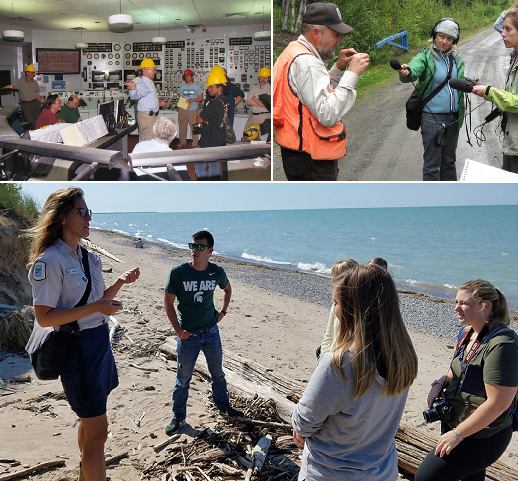 Grid of three images, two small on the top and a larger one below, showing student journalists at work at