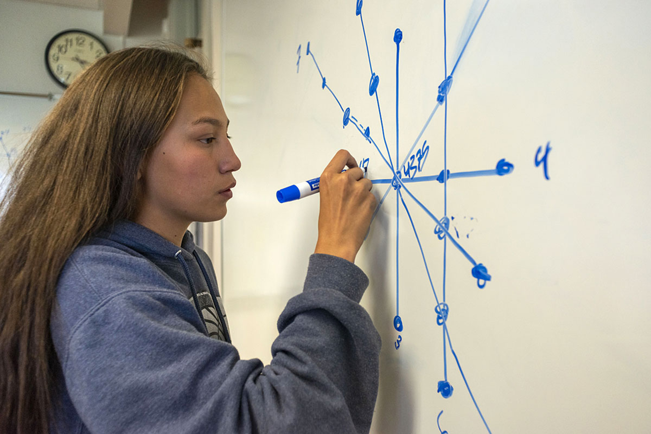 Female student at a whiteboard using a blue marker to draw a mathematical diagram