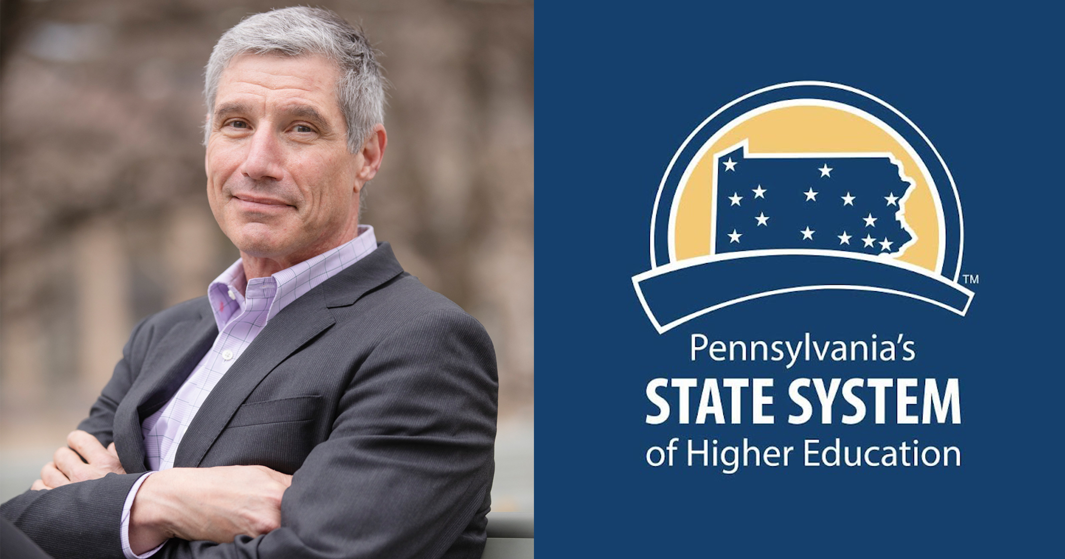 Headshot photo of Dan Greenstein with his arms folded, on the left, and the logo of Pennsylvania's State System of Higher Education, on the right