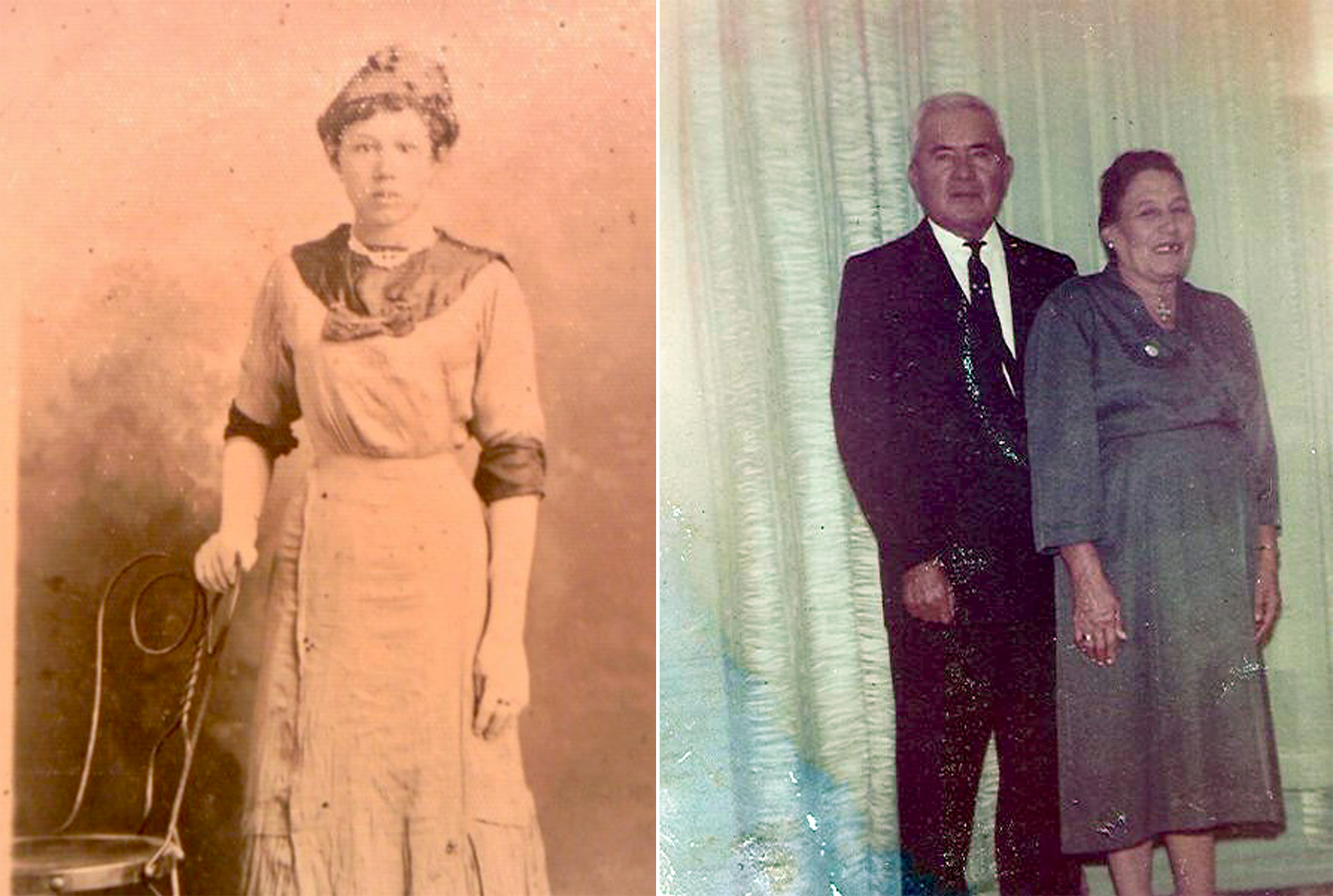 Two photos, side by side, the one on the left a sepia-toned shot a young woman standing while holding a chair, the one on the right of an old couple smiling in dressy clothes