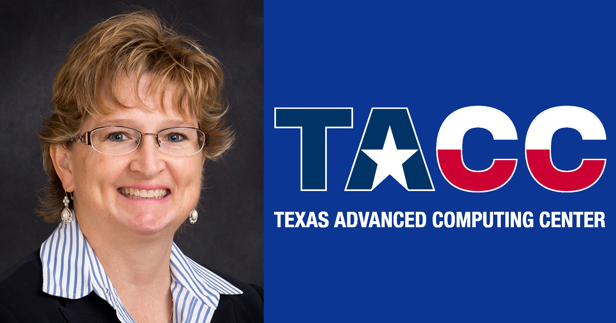 Headshot photo of Carol Fletcher on the left, program logo for the Texas Advanced Computing Center on the right