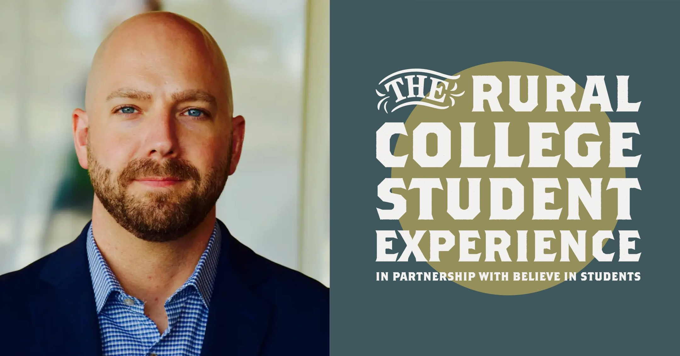 Headshot photo of Matt Newlin, left, and the logo of his podcast The Rural College Experience, right