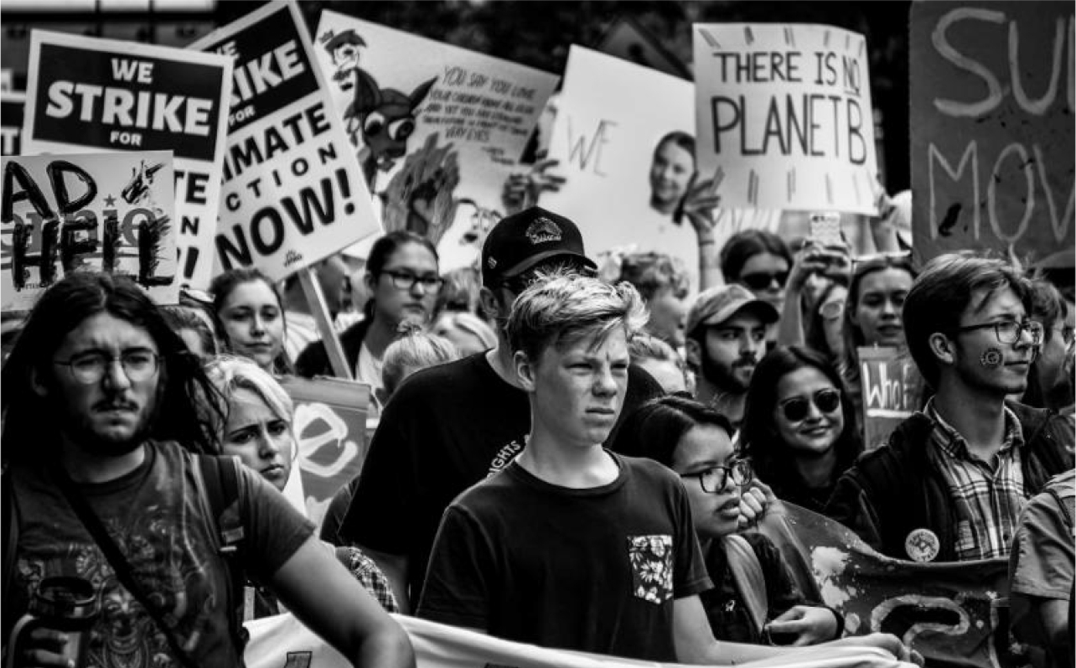 black and white photograph of a climate protest