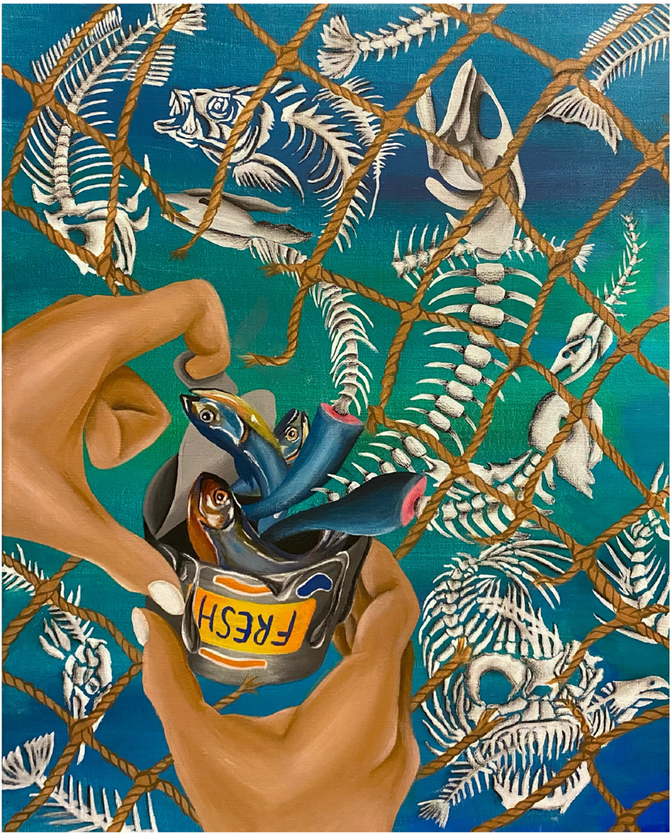illustration of a hand opening a can labeled fresh as fish spill out against a background of fish bones in a net