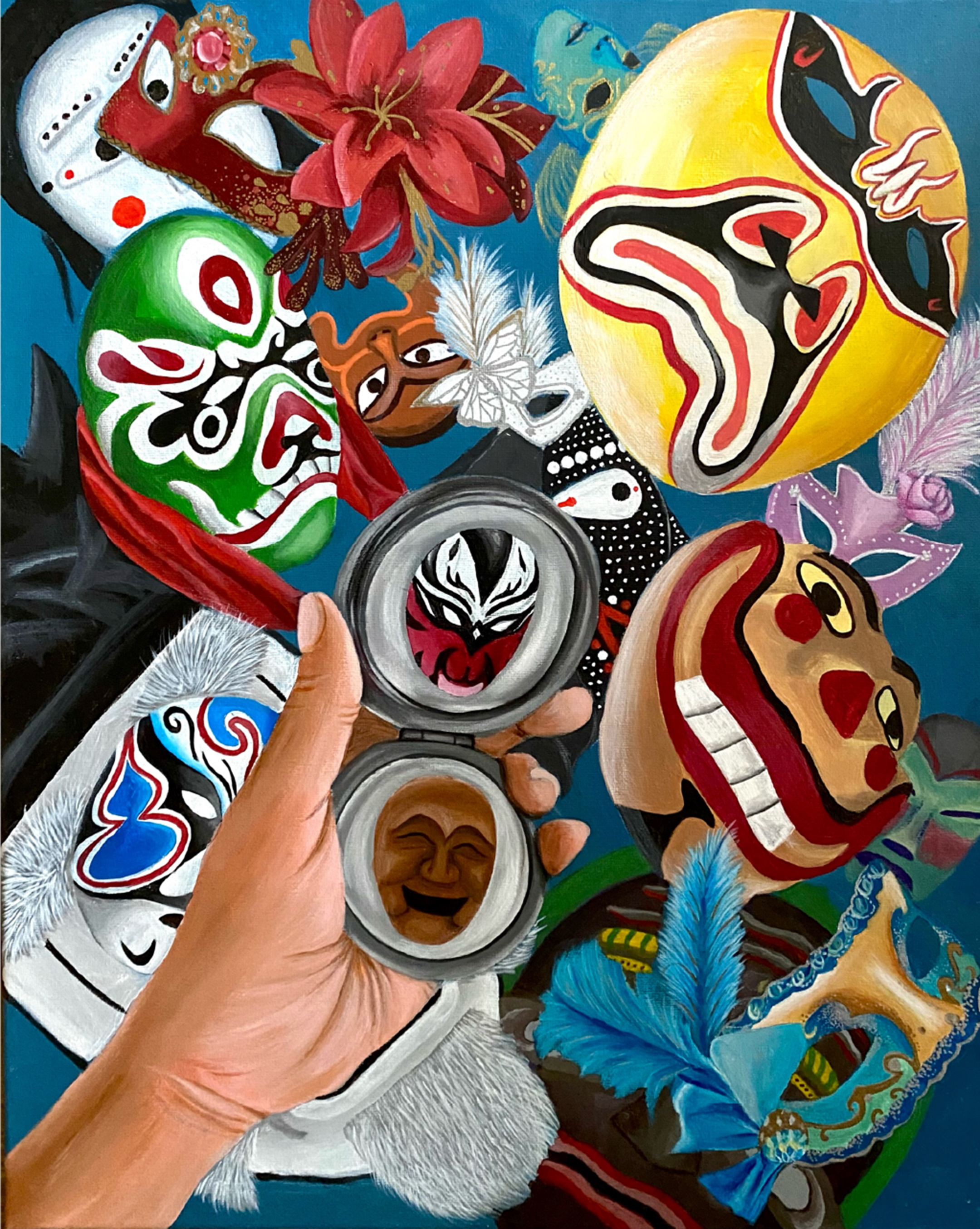 illustration of a hand holding a compact against a background of different Japanese masks