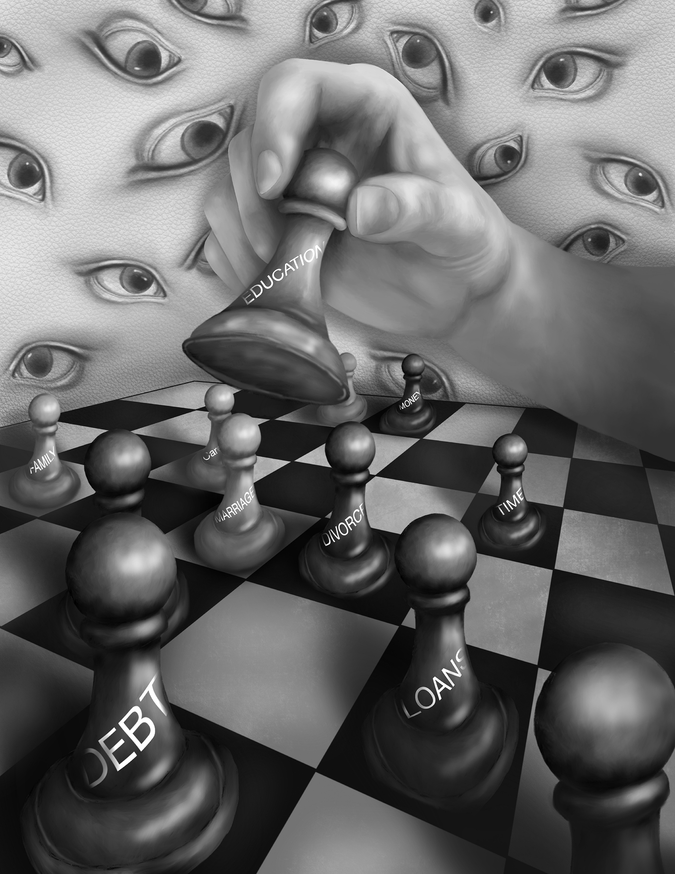 black and white illustration of a hand moving a pawn on a chess board with the word education written on the pawn, against a background of eyes
