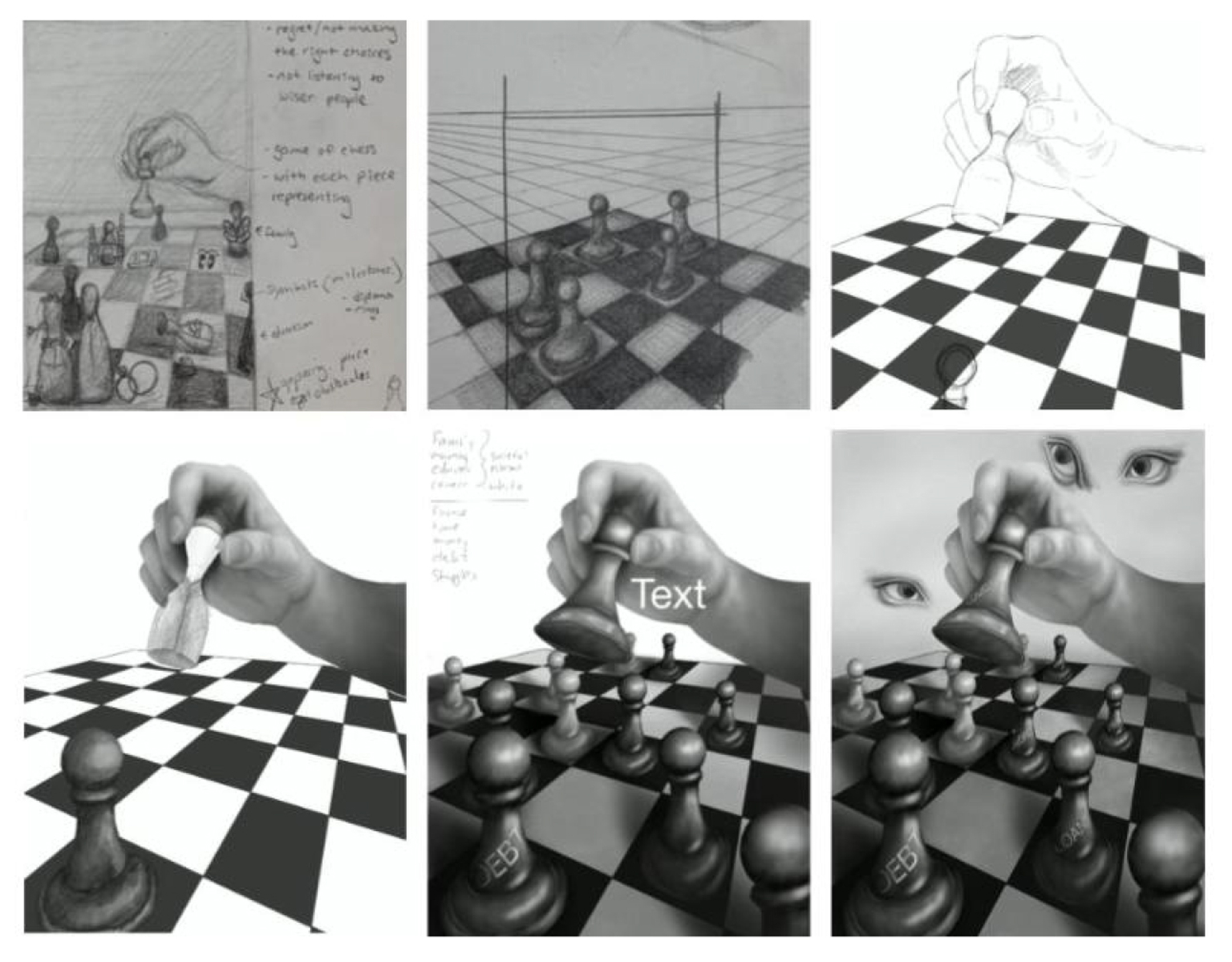 grid of six images, three by two, showing the process of making the chess board illustration