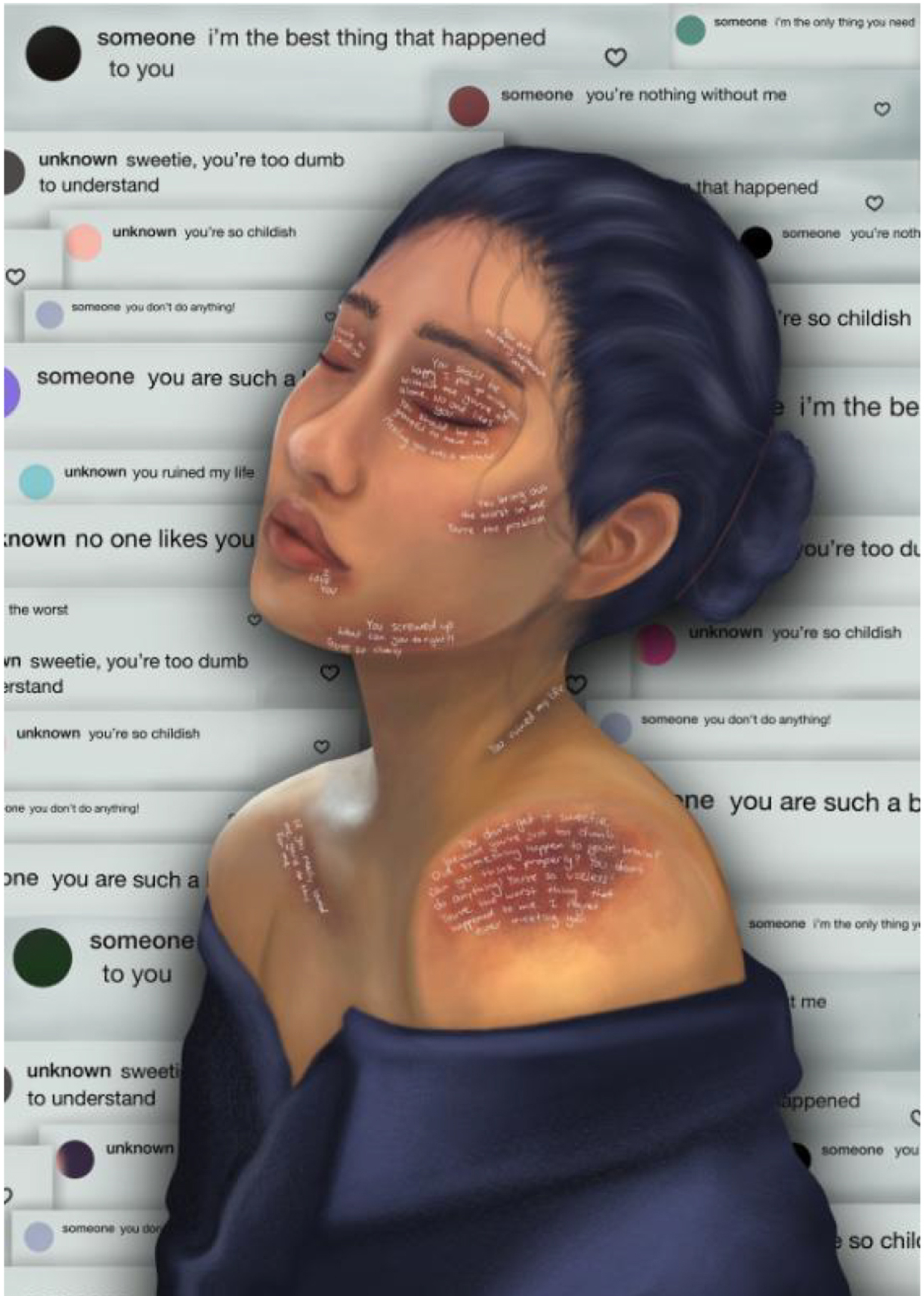 illustration of a bruised woman in a strapless navy dress, eyes closed, with words on her face, neck and shoulders covering red bruises, against a background of text messages