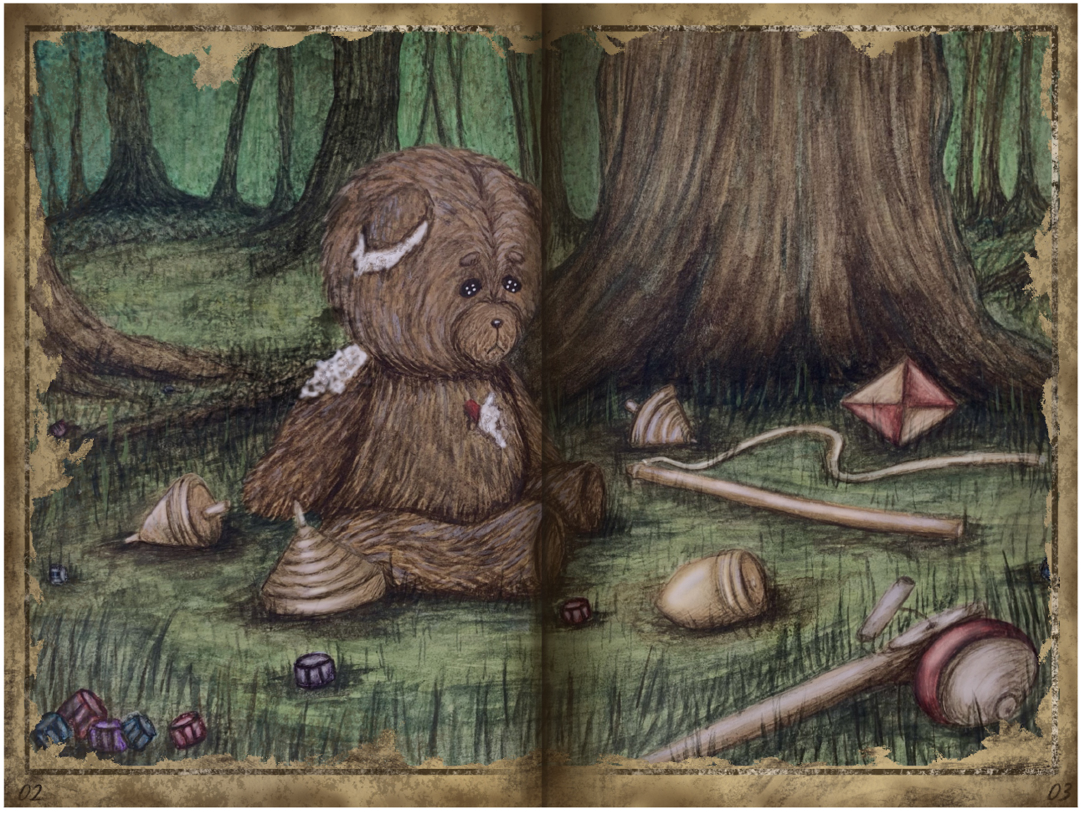 illustration of a discarded and fraying stuffed brown bear in a dark forest, with downcast eyes looking at the ground strewn with other discarded toys