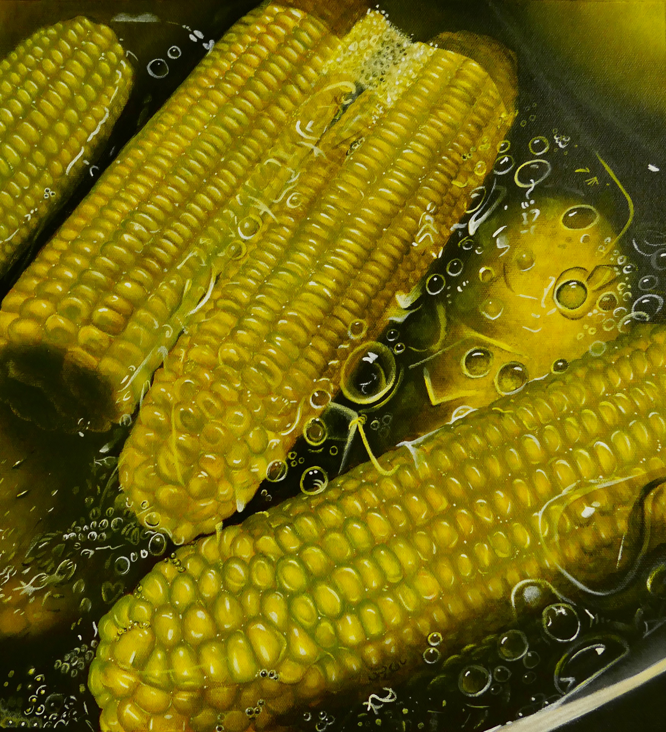 close-up illustration of yellow corn cobs in bubbling water