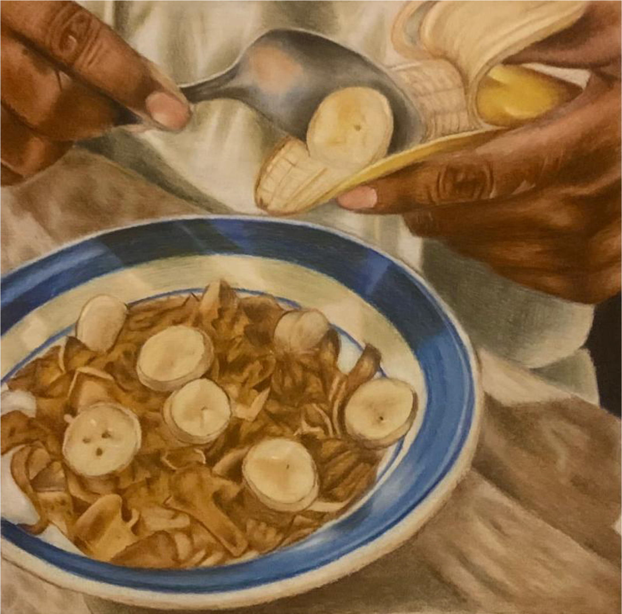 close-up illustration of a hand scooping sliced bananas out of the peel into a bowl of cereal