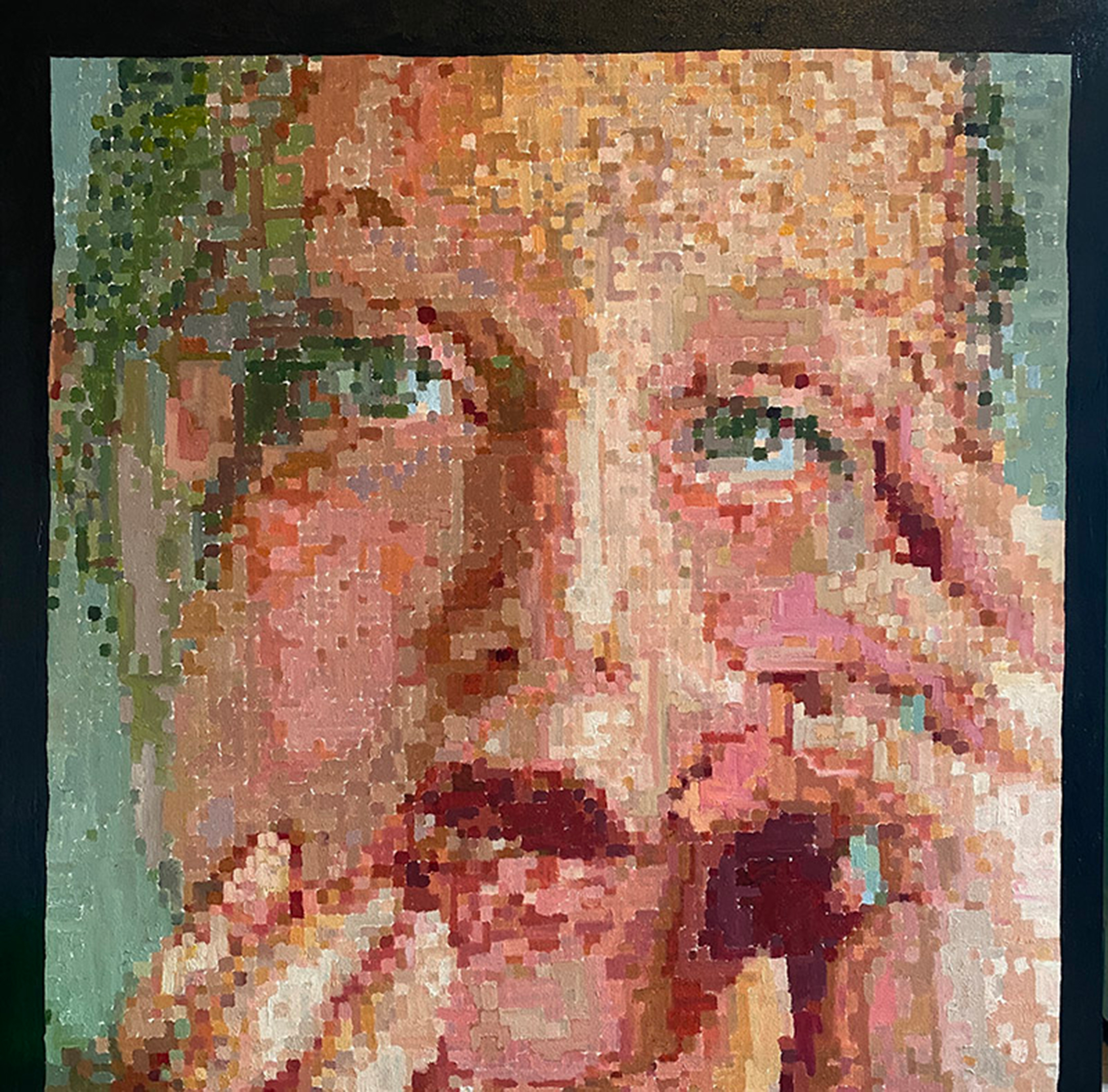Illustration of a young woman with her hands on her face, created in a way to look blocky and splotchy the closer you are to it