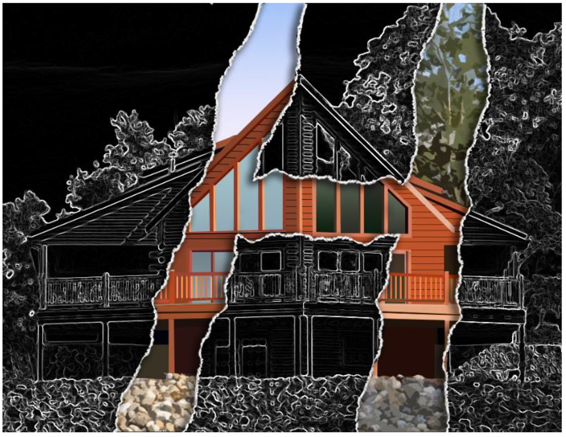 illustration of a house in black and white outline with paper rips in it to reveal a house in color underneath