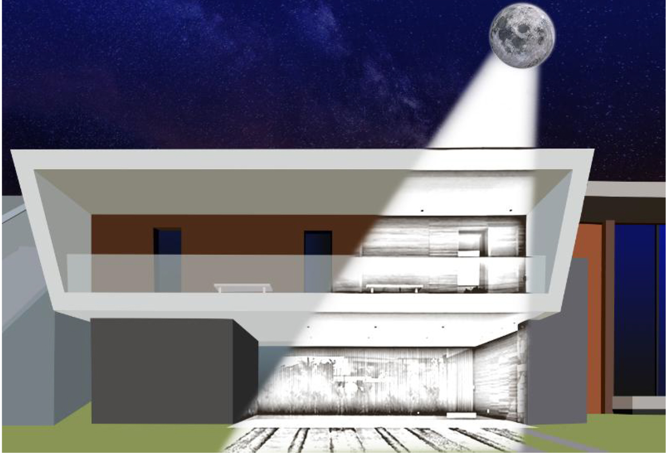 illustration of a house illuminated by a moon at the top right in the sky