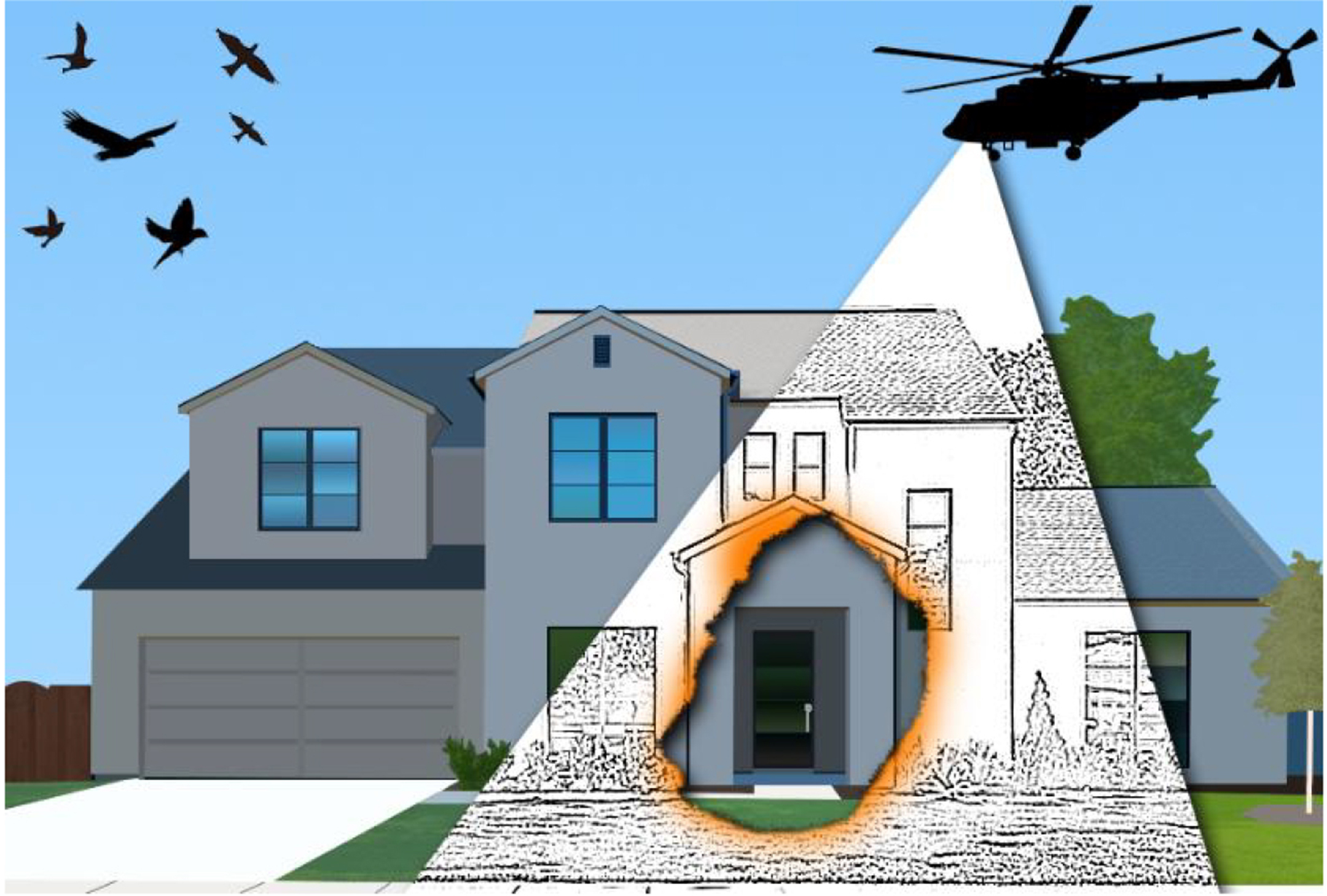 illustration of a house with a helicopter at the top right shining a spotlight down to the left illuminating a hole in the house